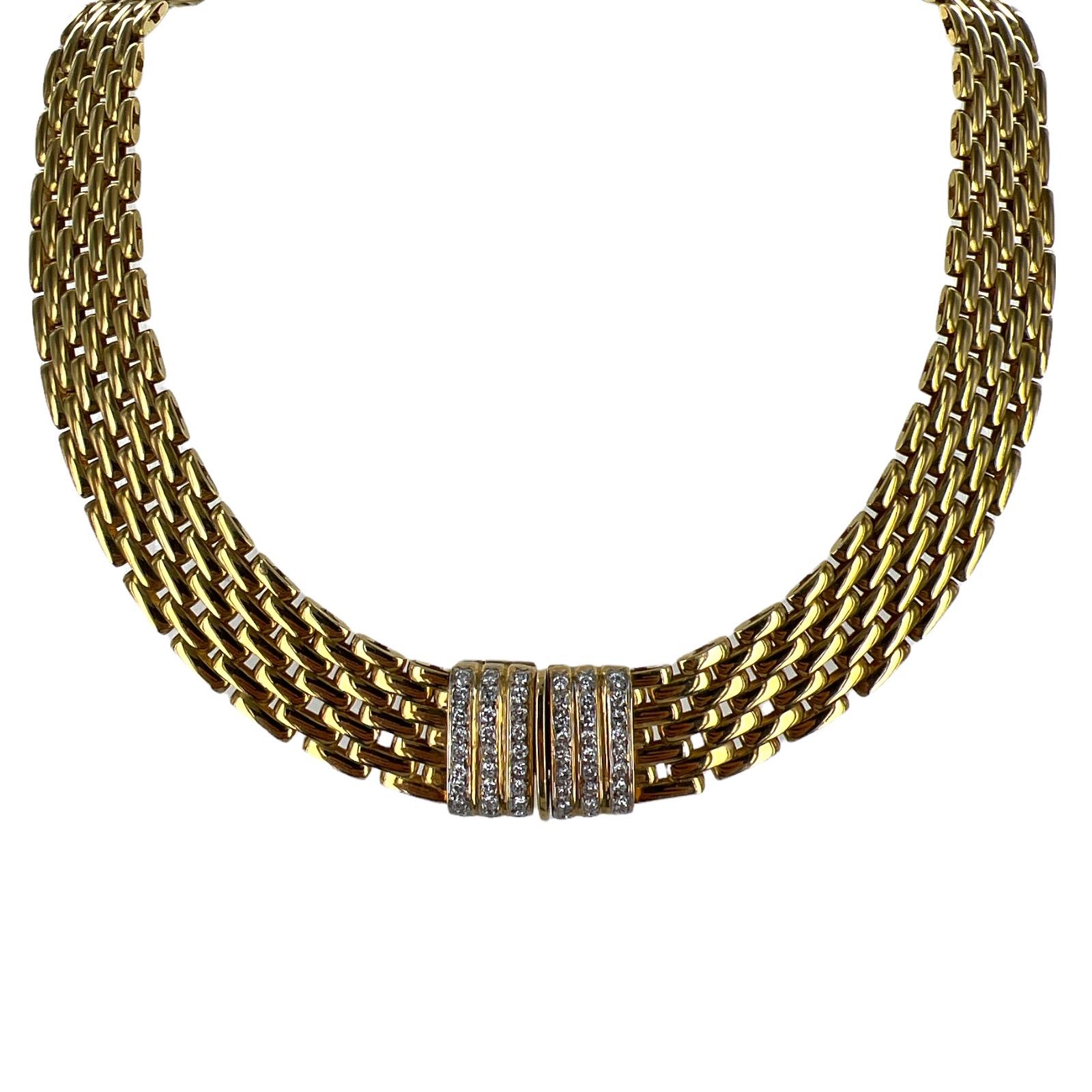 Modern Italian 18 Karat Yellow Gold Diamond Panther Link 7 Row Choker Necklace