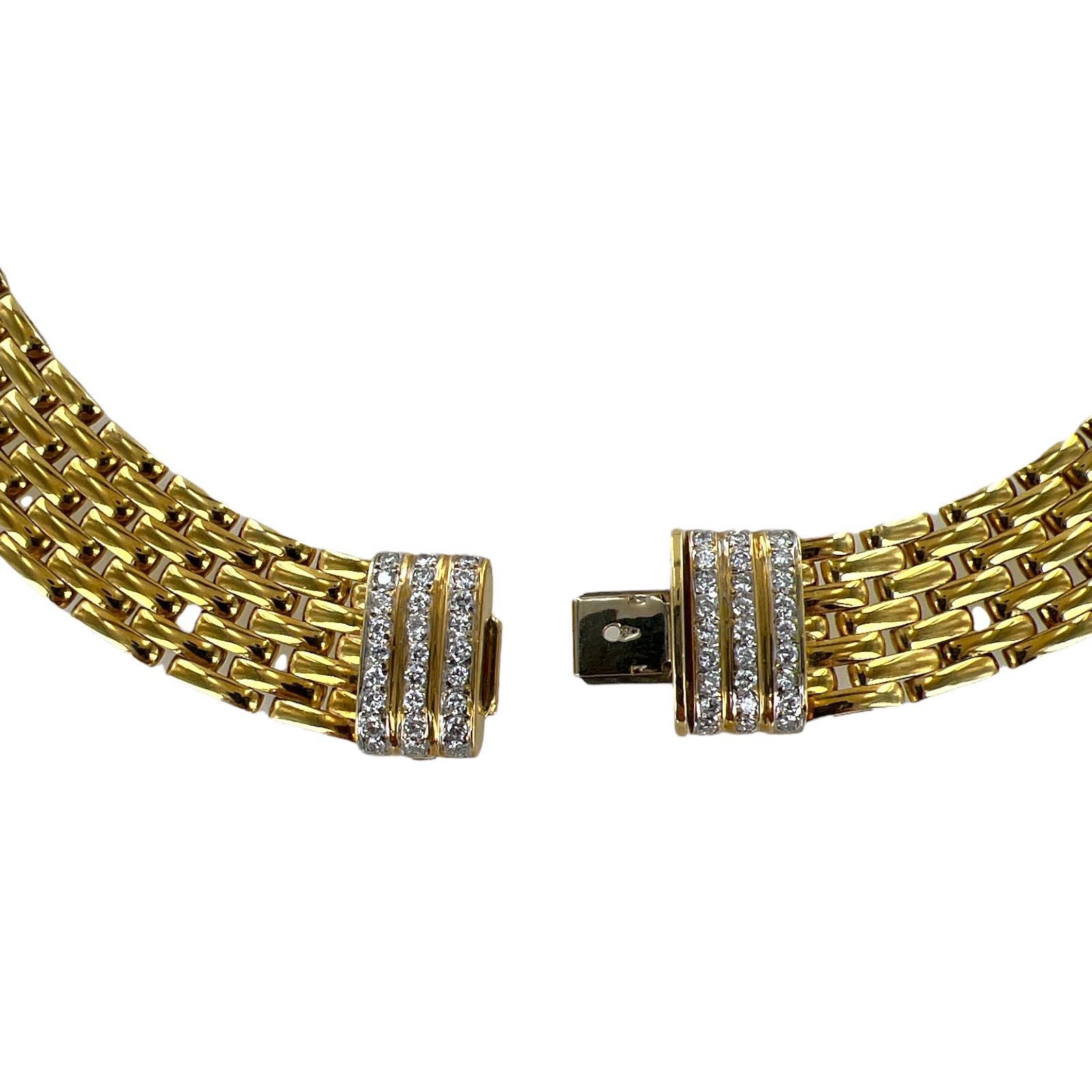 Round Cut Italian 18 Karat Yellow Gold Diamond Panther Link 7 Row Choker Necklace