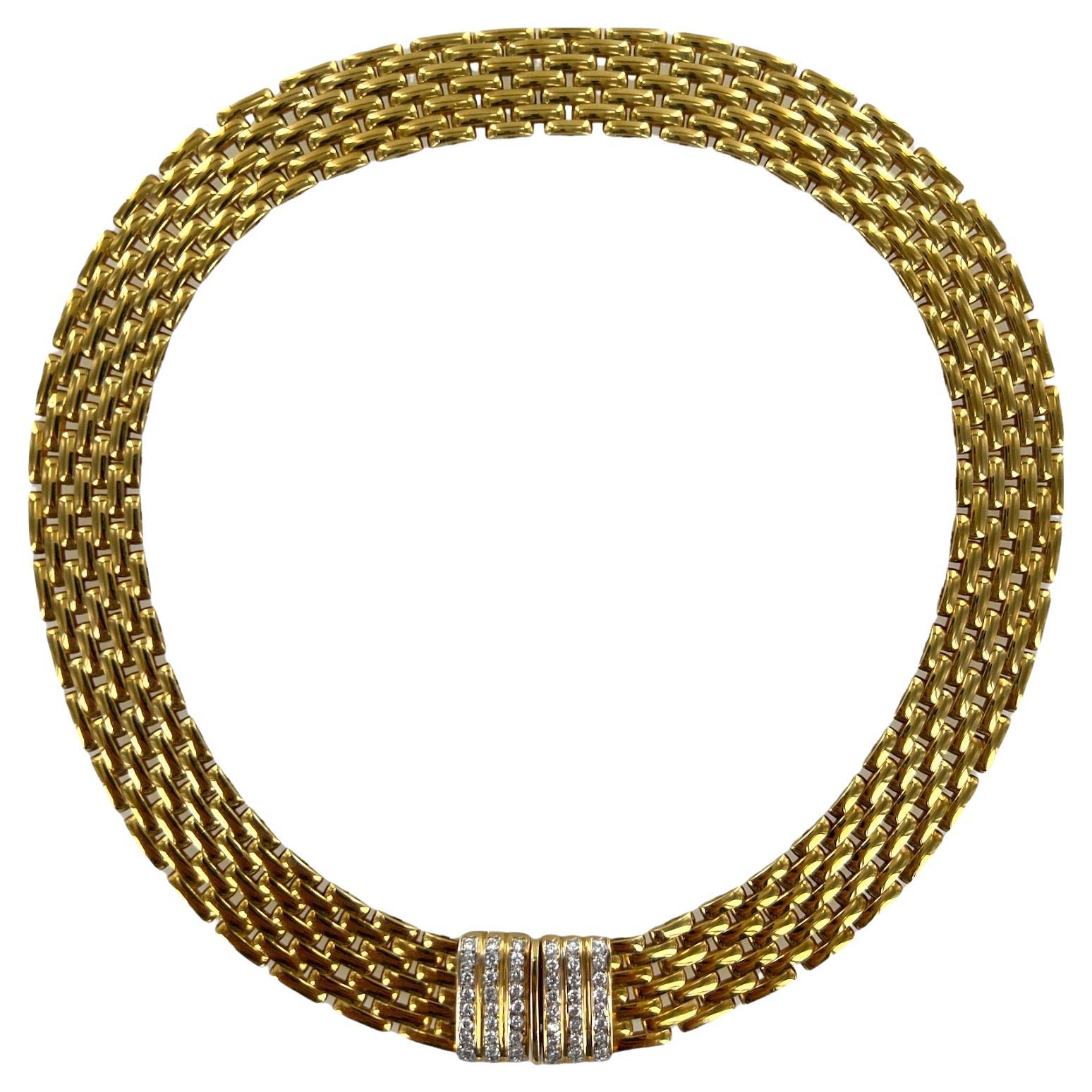 Italian 18 Karat Yellow Gold Diamond Panther Link 7 Row Choker Necklace