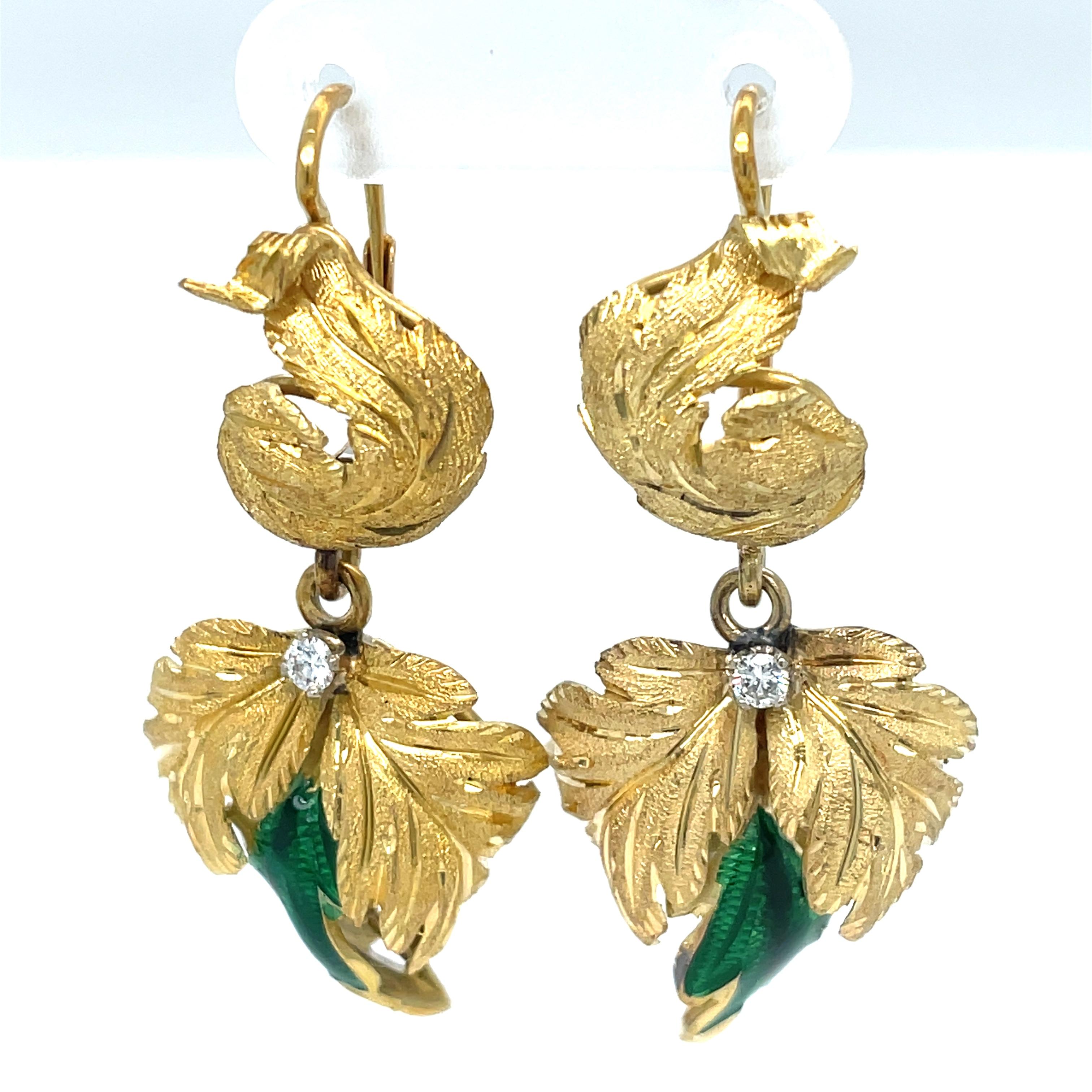 Women's Italian 18 Karat Yellow Gold Drop Leaf Earrings with Diamond Accents For Sale