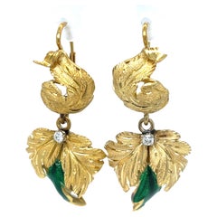 Italian 18 Karat Yellow Gold Drop Leaf Earrings with Diamond Accents