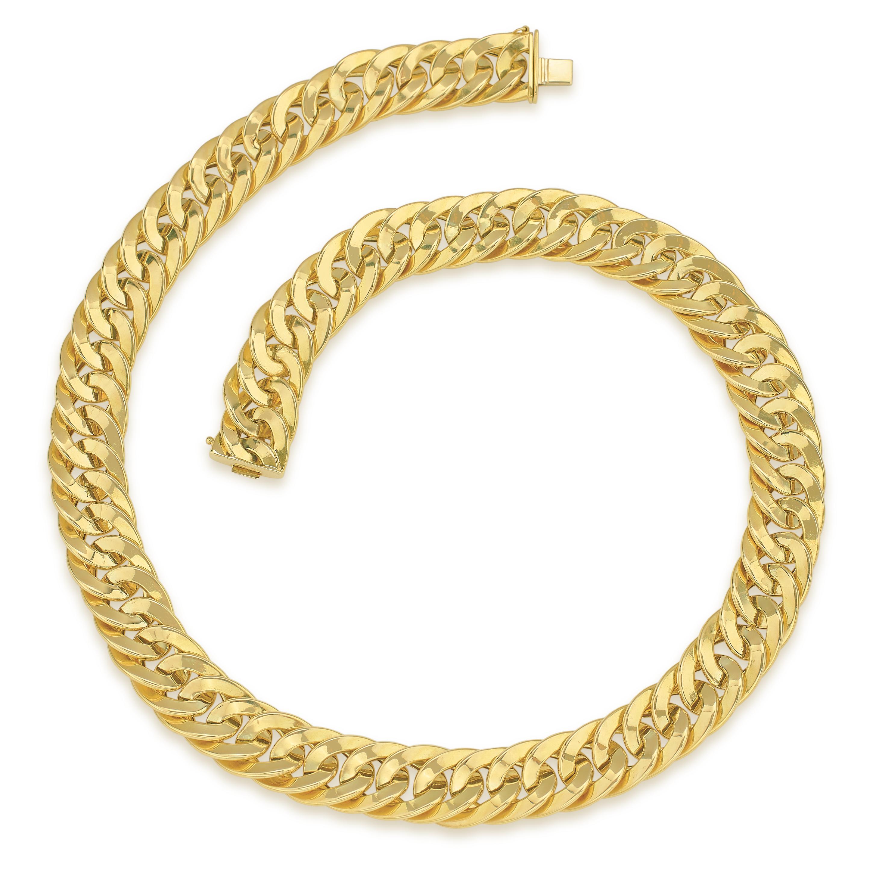 This 13.32mm Italian 18k yellow gold doublle curb link necklace is thick gauge, hollowed for comfort and wearability, measures at 24