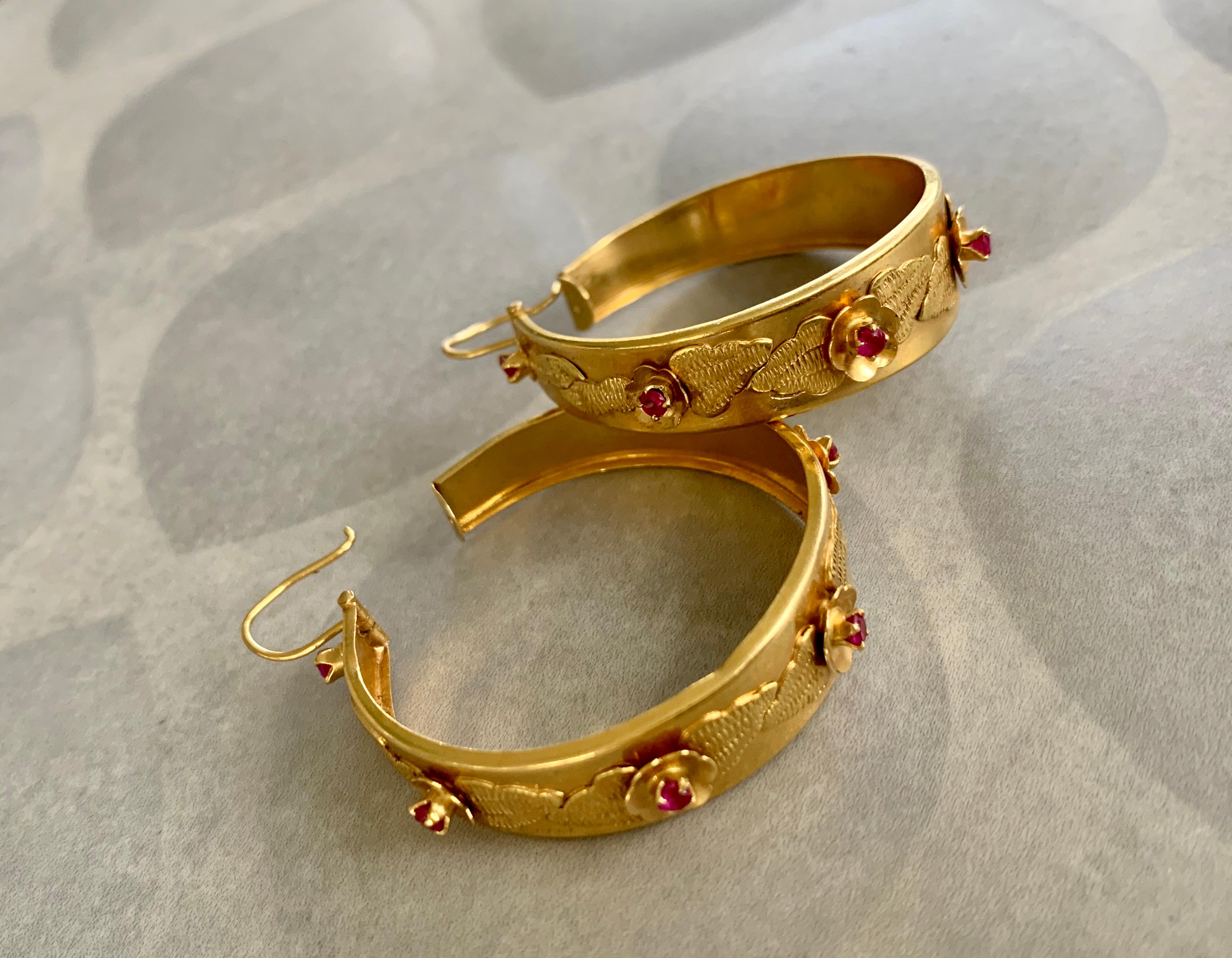 Women's Italian 18 Karat Yellow Gold Wide Hoop Earrings with Lab Rubies