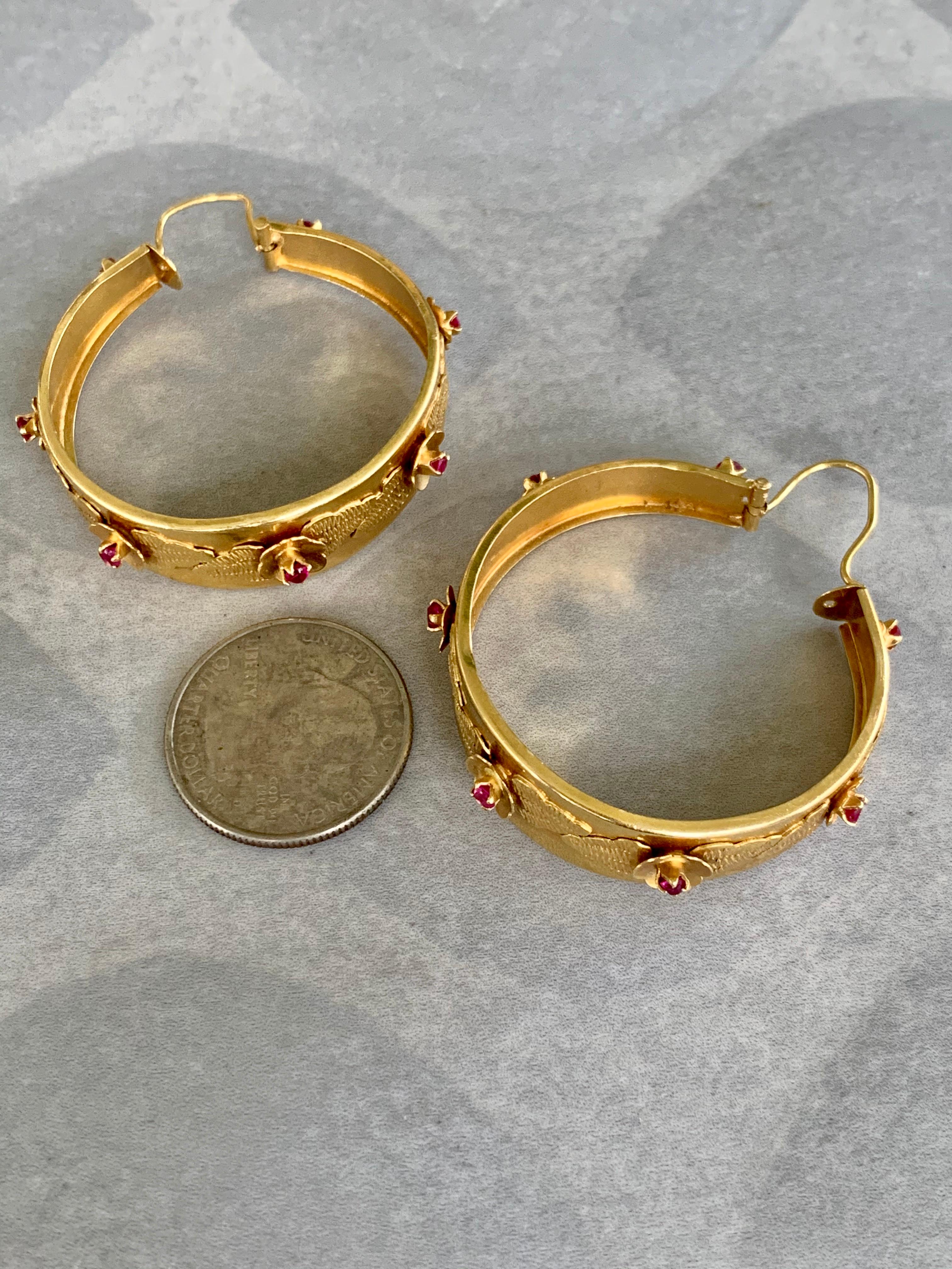 Italian 18 Karat Yellow Gold Wide Hoop Earrings with Lab Rubies 3