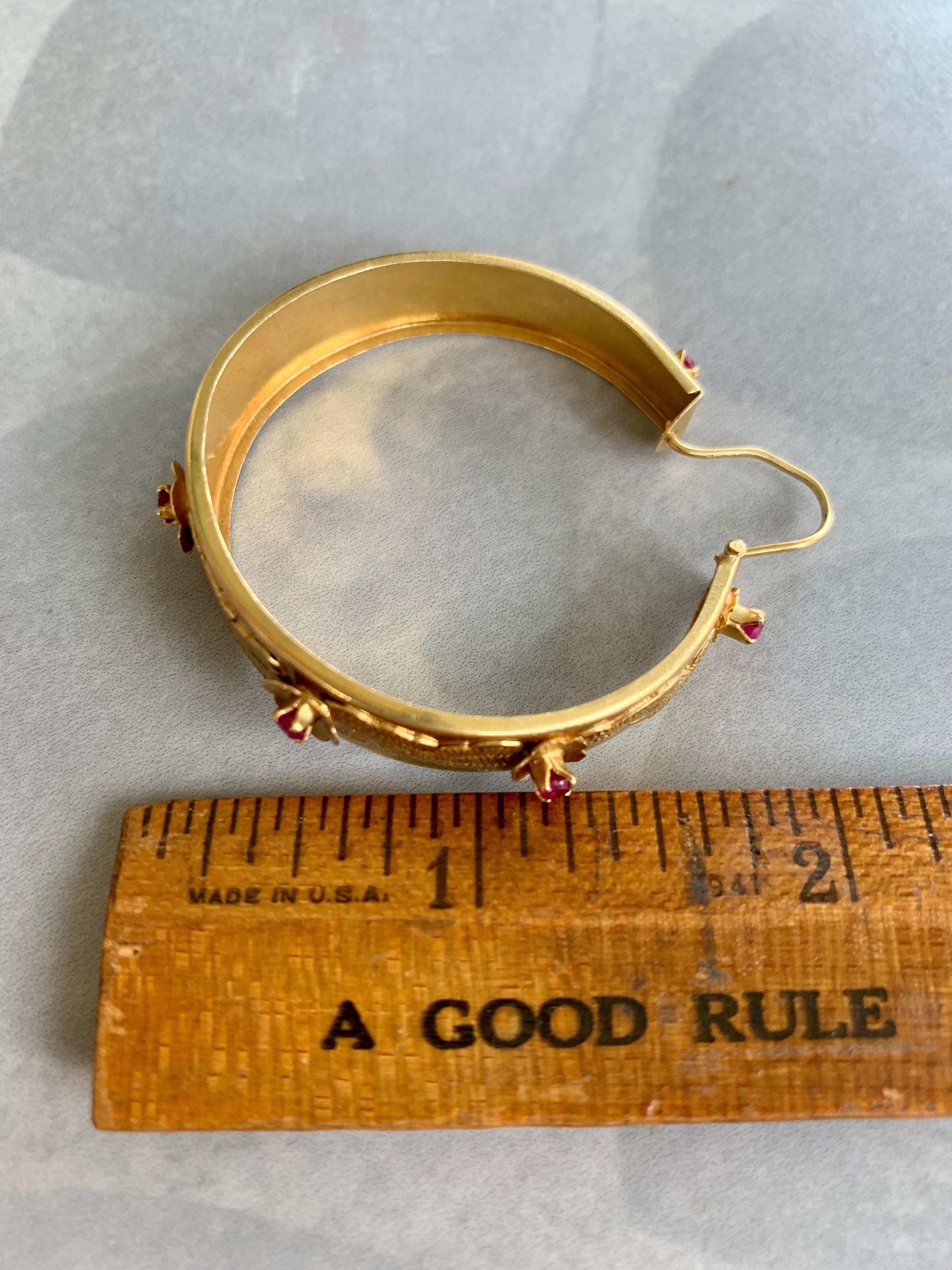 Italian 18 Karat Yellow Gold Wide Hoop Earrings with Lab Rubies 4