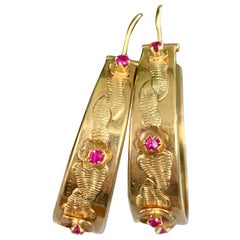 Italian 18 Karat Yellow Gold Wide Hoop Earrings with Lab Rubies