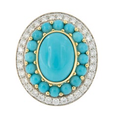 Italian 18 Karat Yellow Gold Persian Turquoise and Diamond Ring Made in Italy