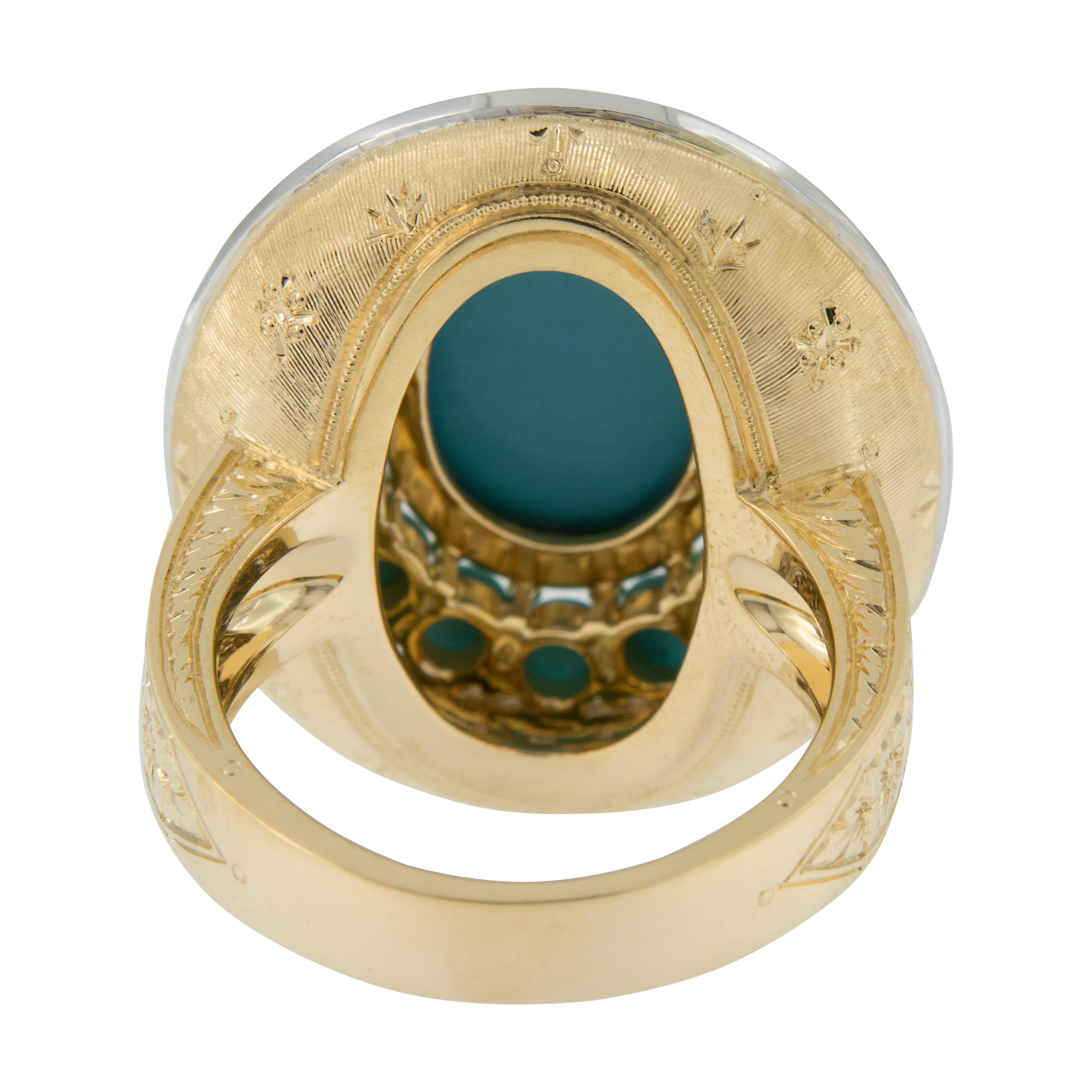 Italienischer italienischer Ring aus 18 Karat Gelbgold mit persischem Türkis und Diamanten, hergestellt in Italien für Damen oder Herren