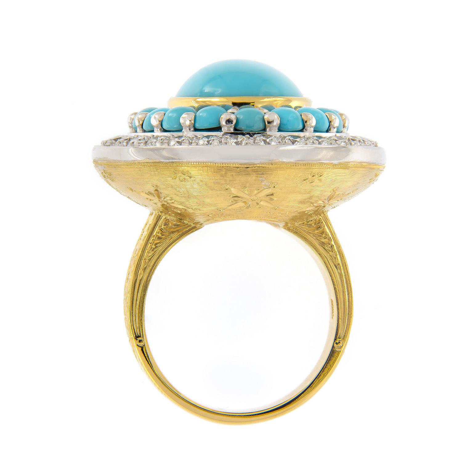 Italienischer italienischer Ring aus 18 Karat Gelbgold mit persischem Türkis und Diamanten, hergestellt in Italien 1