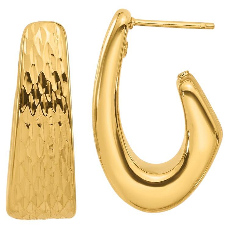 Italian 18 Karat Yellow Gold Textured Geometric Tapered J Hoop Earrings For Sale