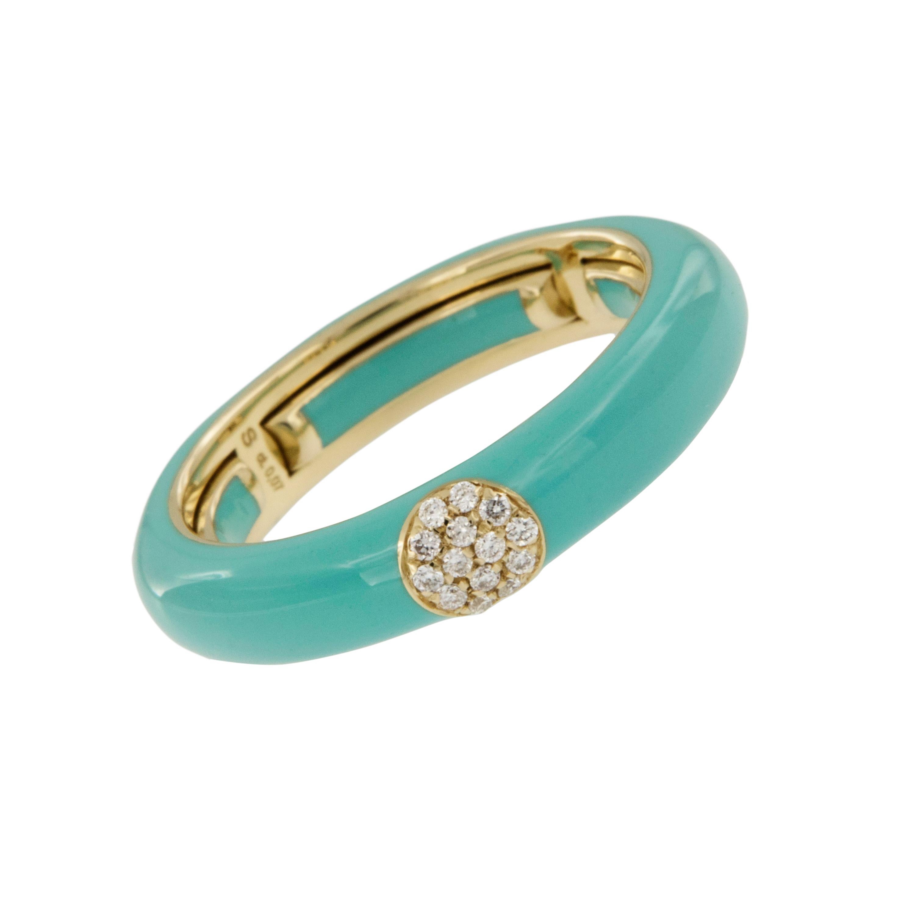 Bold, bright and beautiful! This contemporary enamel ring is hand-crafted in Italy for Campanelli & Pear. Ring is 18k yellow gold featuring a smooth enamel finish in lovely turquoise and accented with 0.07 Cttw pave' set diamonds in center. The ring