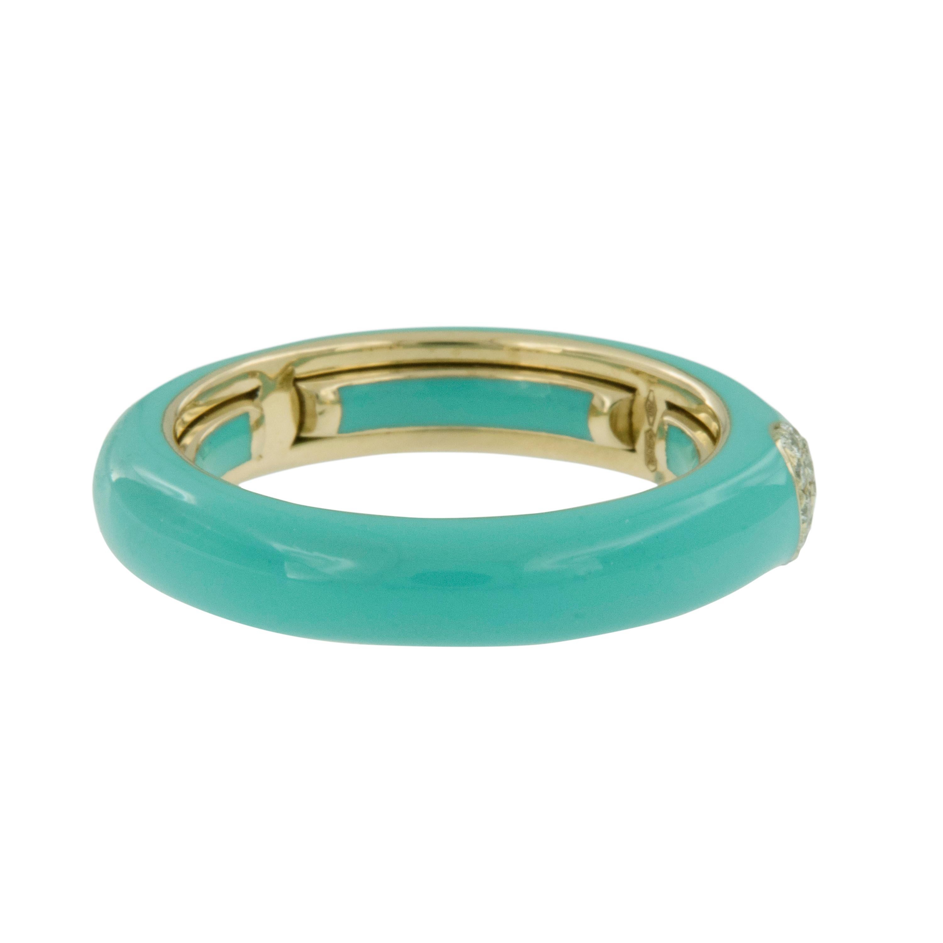 Round Cut Italian 18 Karat Yellow Gold Turquoise Enamel and Diamond Adjustable Ring