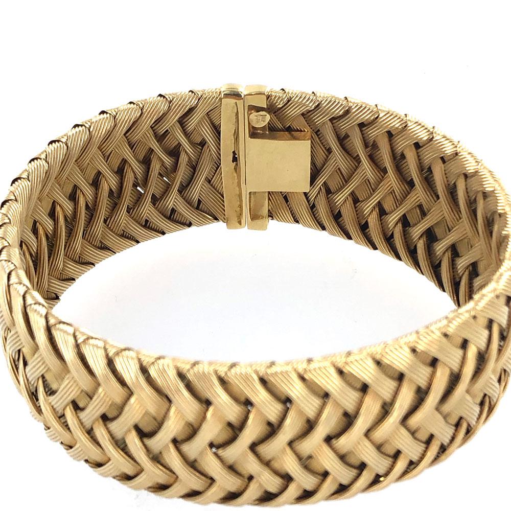 Italian 18 Karat Yellow Gold Wide Woven Soft Bangle Bracelet In Excellent Condition In Boca Raton, FL