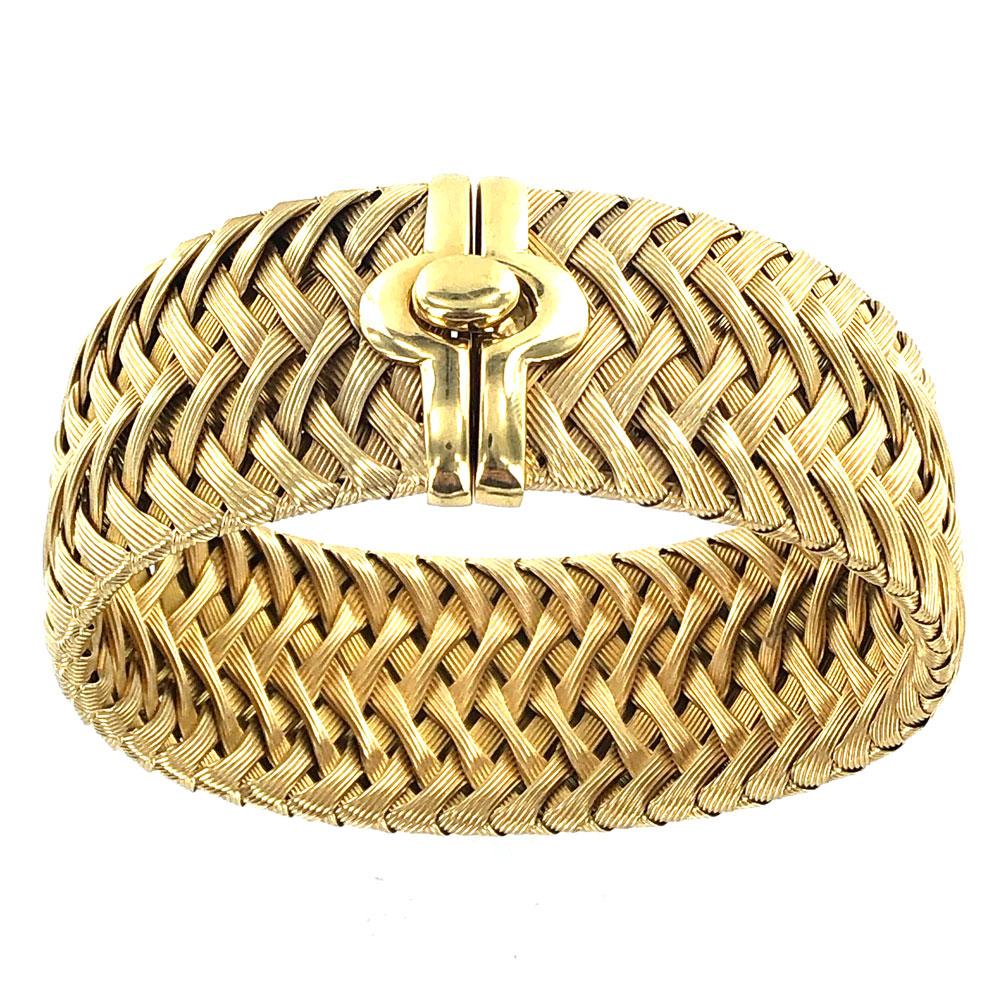 Women's Italian 18 Karat Yellow Gold Wide Woven Soft Bangle Bracelet