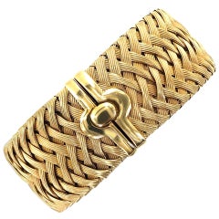 Italian 18 Karat Yellow Gold Wide Woven Soft Bangle Bracelet