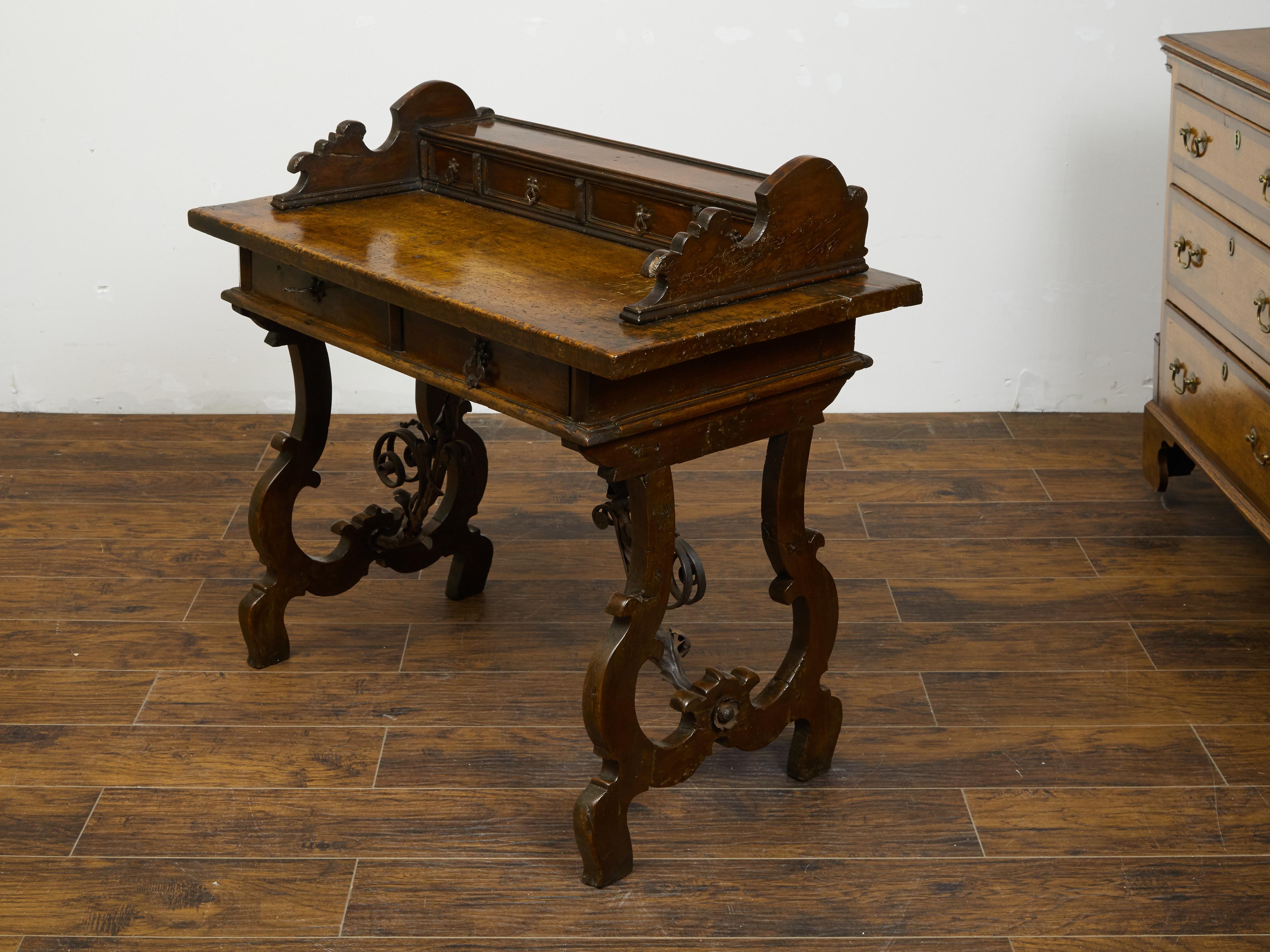Italian 1800s Baroque Style Desk with Drawers, Lyre Base and Iron Stretcher For Sale 5