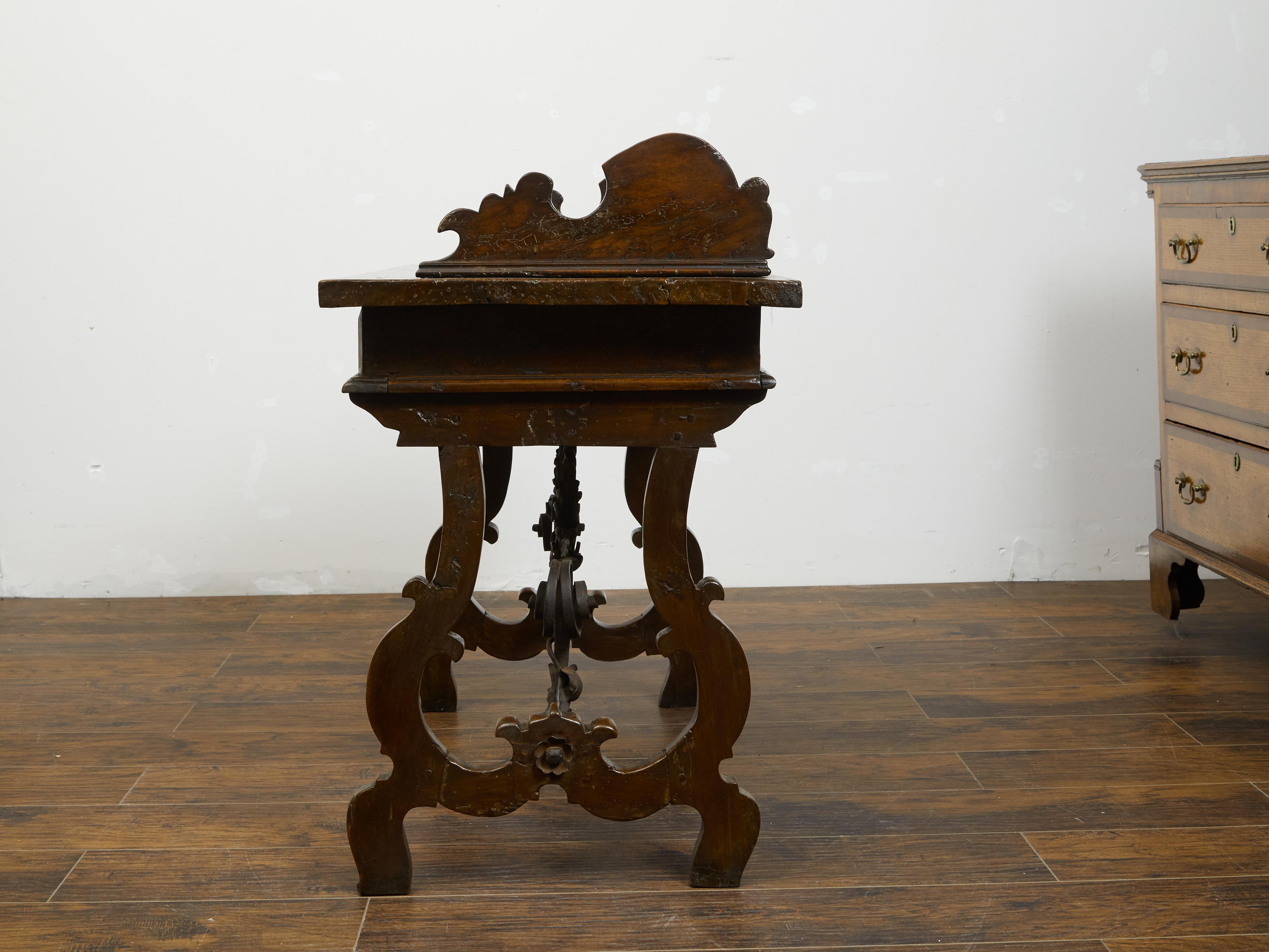 Italian 1800s Baroque Style Desk with Drawers, Lyre Base and Iron Stretcher For Sale 7