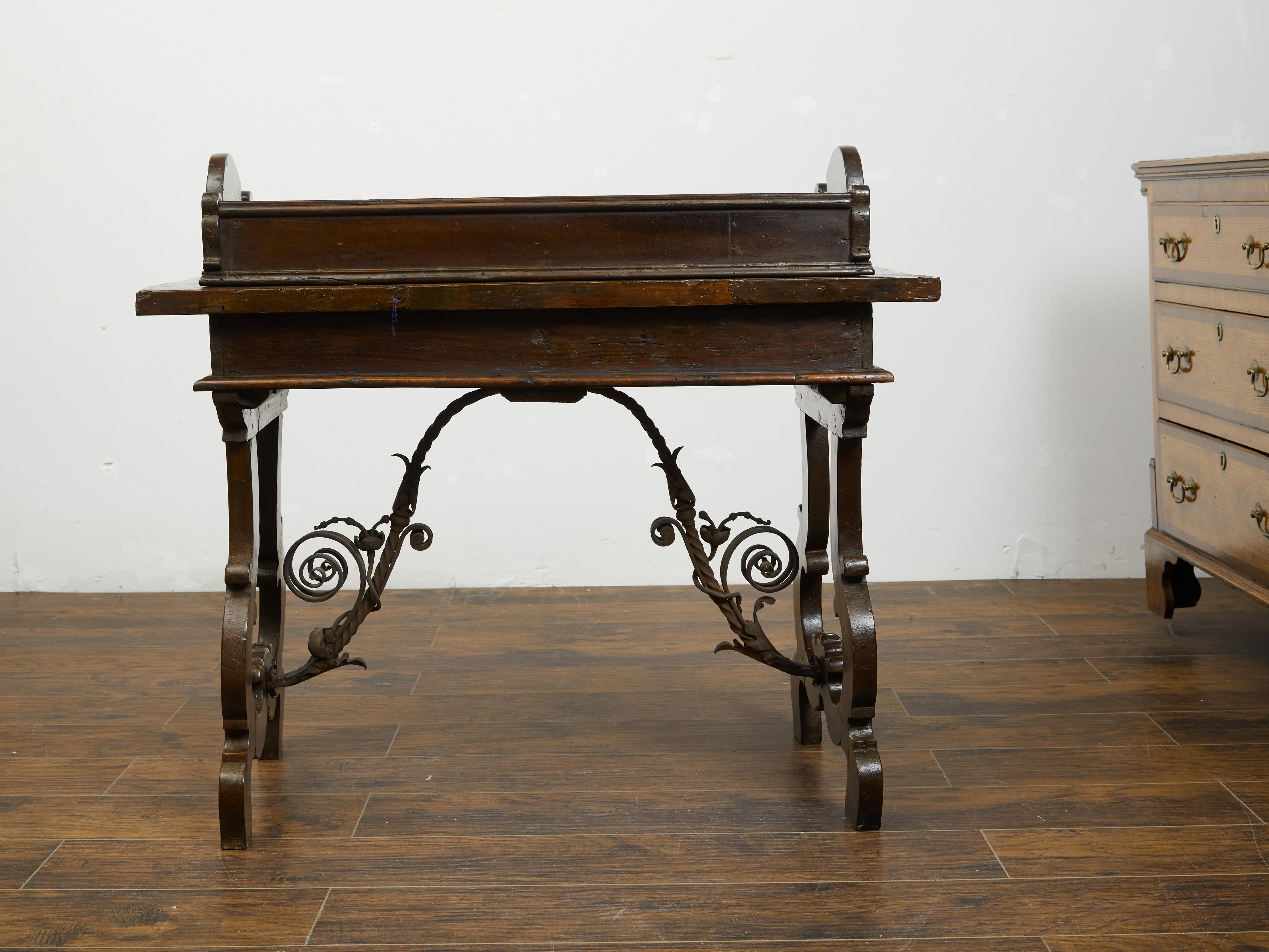 Italian 1800s Baroque Style Desk with Drawers, Lyre Base and Iron Stretcher For Sale 8