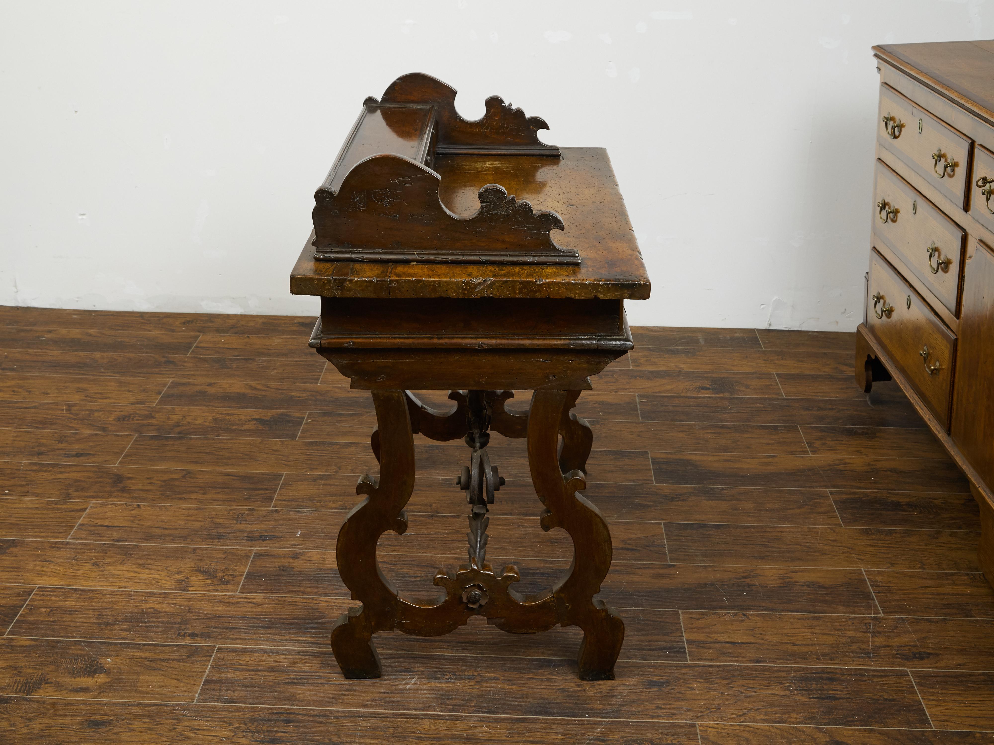 Italian 1800s Baroque Style Desk with Drawers, Lyre Base and Iron Stretcher For Sale 9