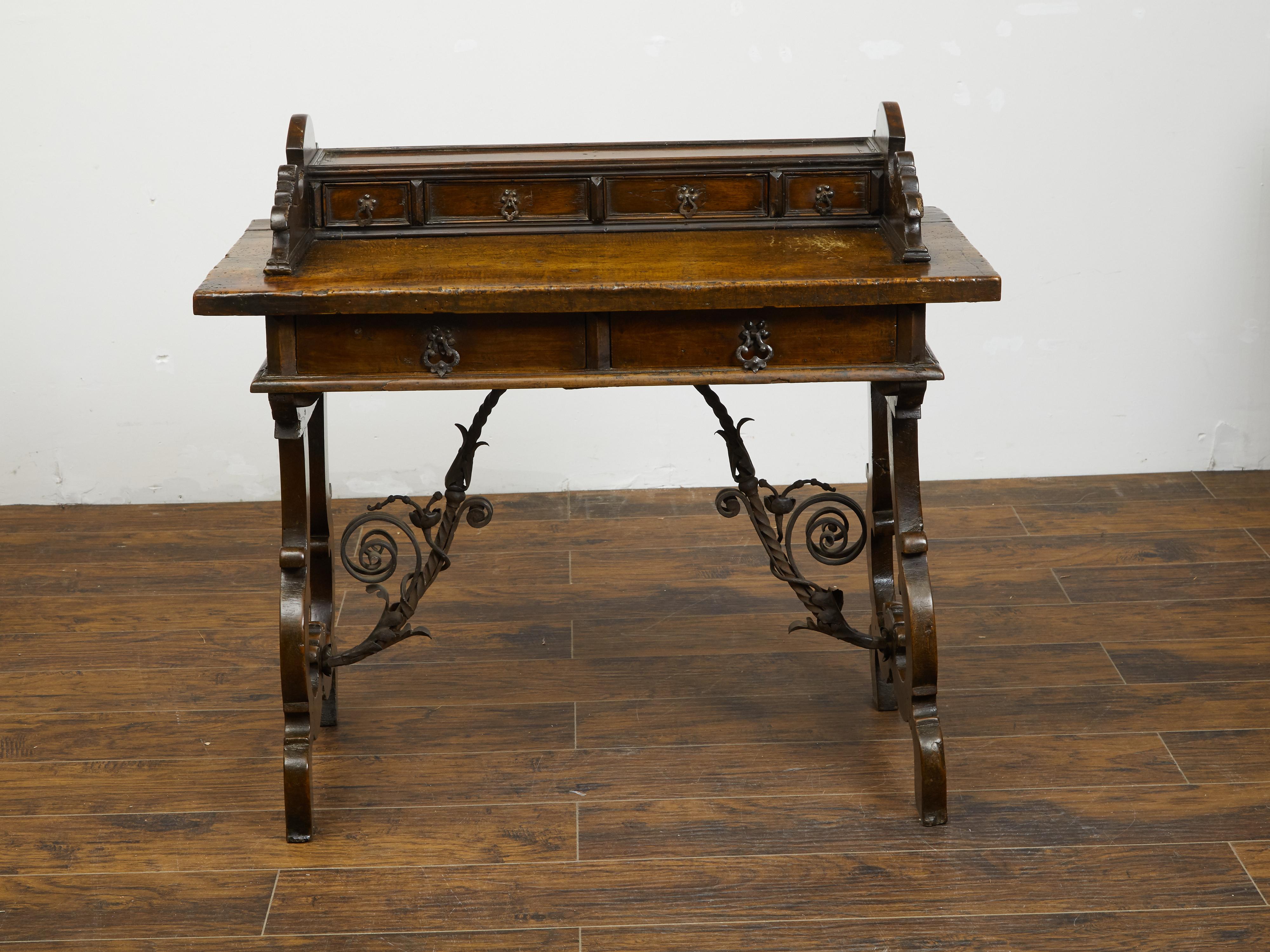 Italian 1800s Baroque Style Desk with Drawers, Lyre Base and Iron Stretcher In Good Condition For Sale In Atlanta, GA