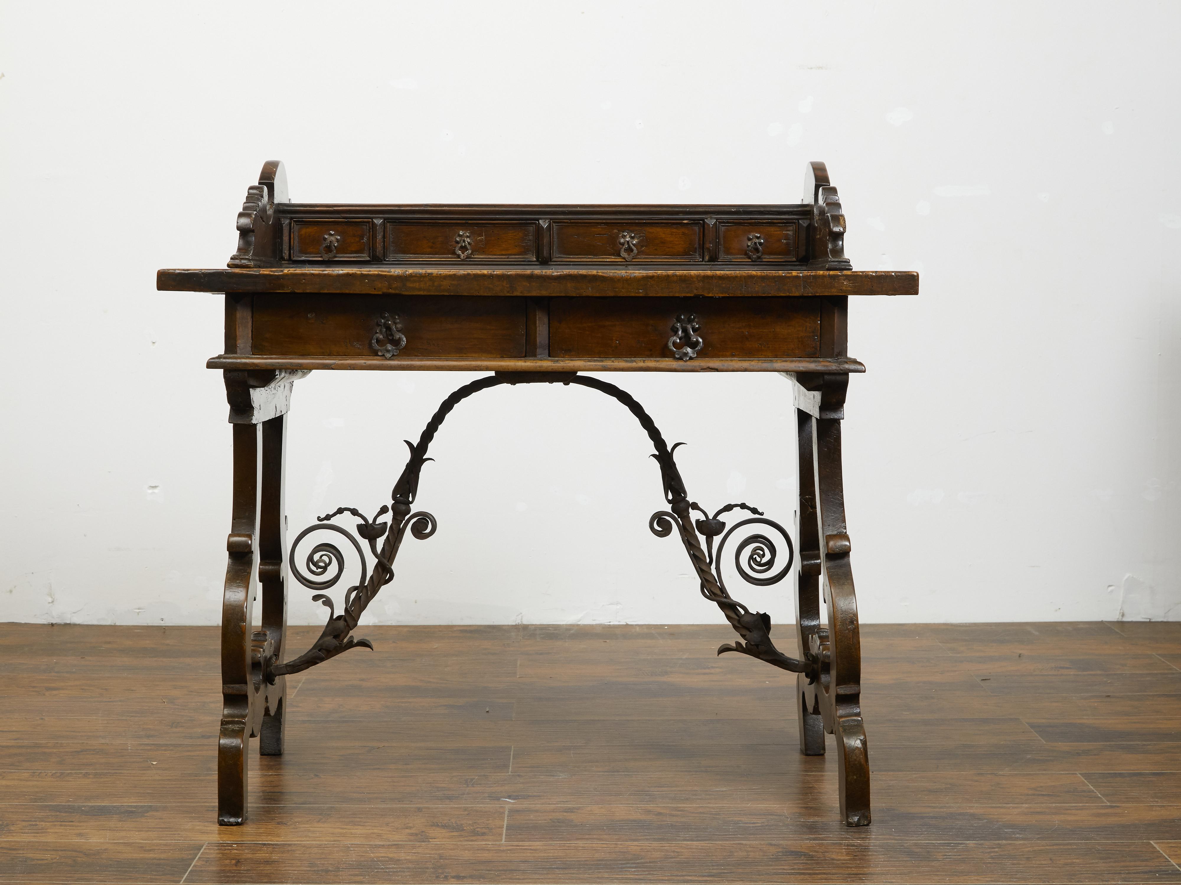 19th Century Italian 1800s Baroque Style Desk with Drawers, Lyre Base and Iron Stretcher For Sale