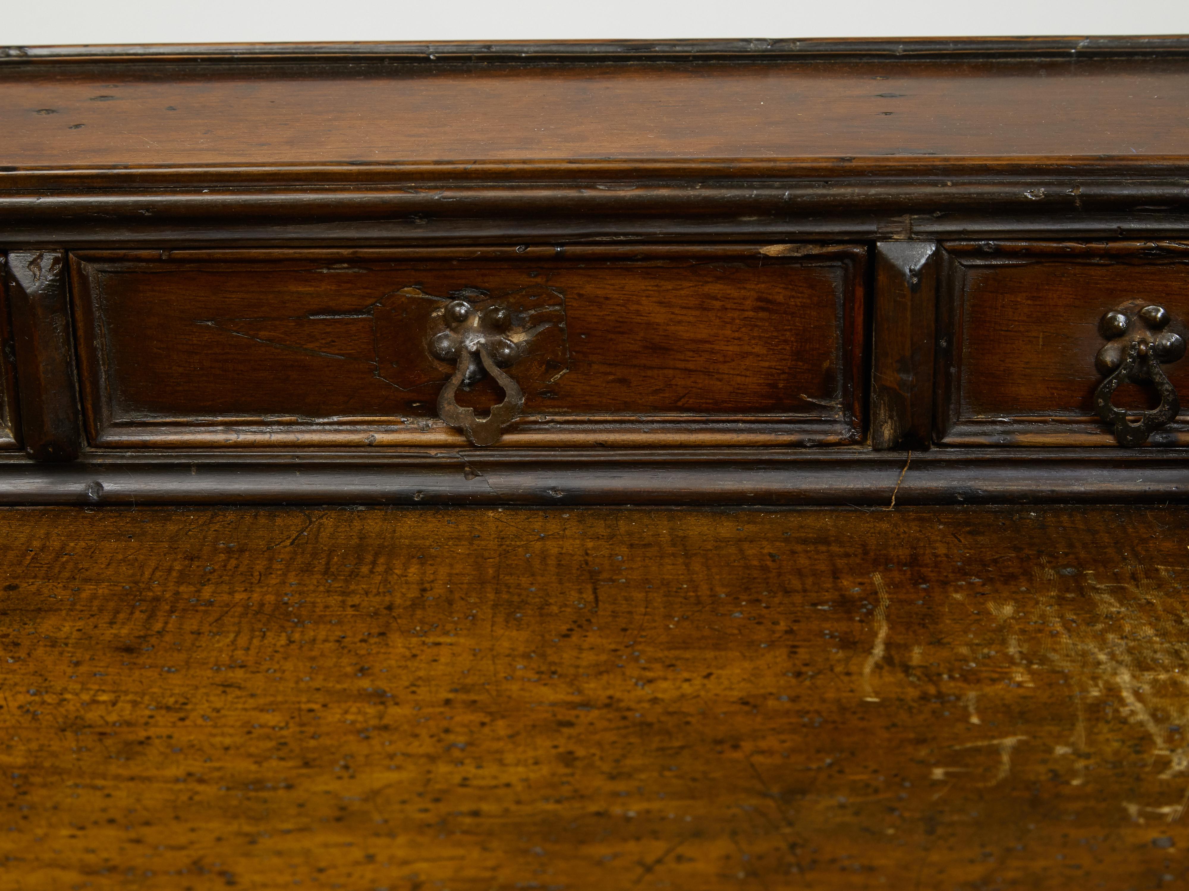 Wood Italian 1800s Baroque Style Desk with Drawers, Lyre Base and Iron Stretcher For Sale