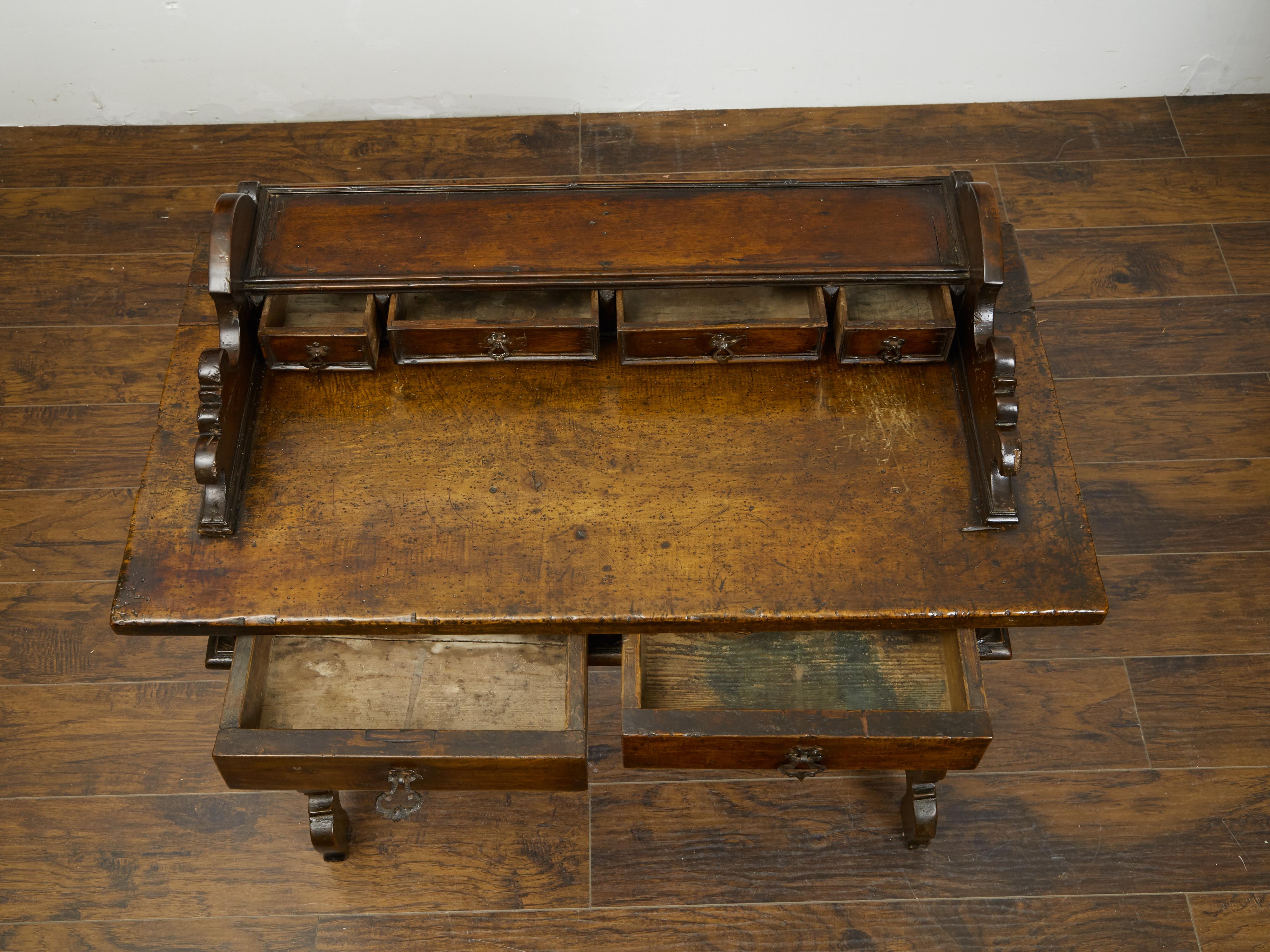 Italian 1800s Baroque Style Desk with Drawers, Lyre Base and Iron Stretcher For Sale 3