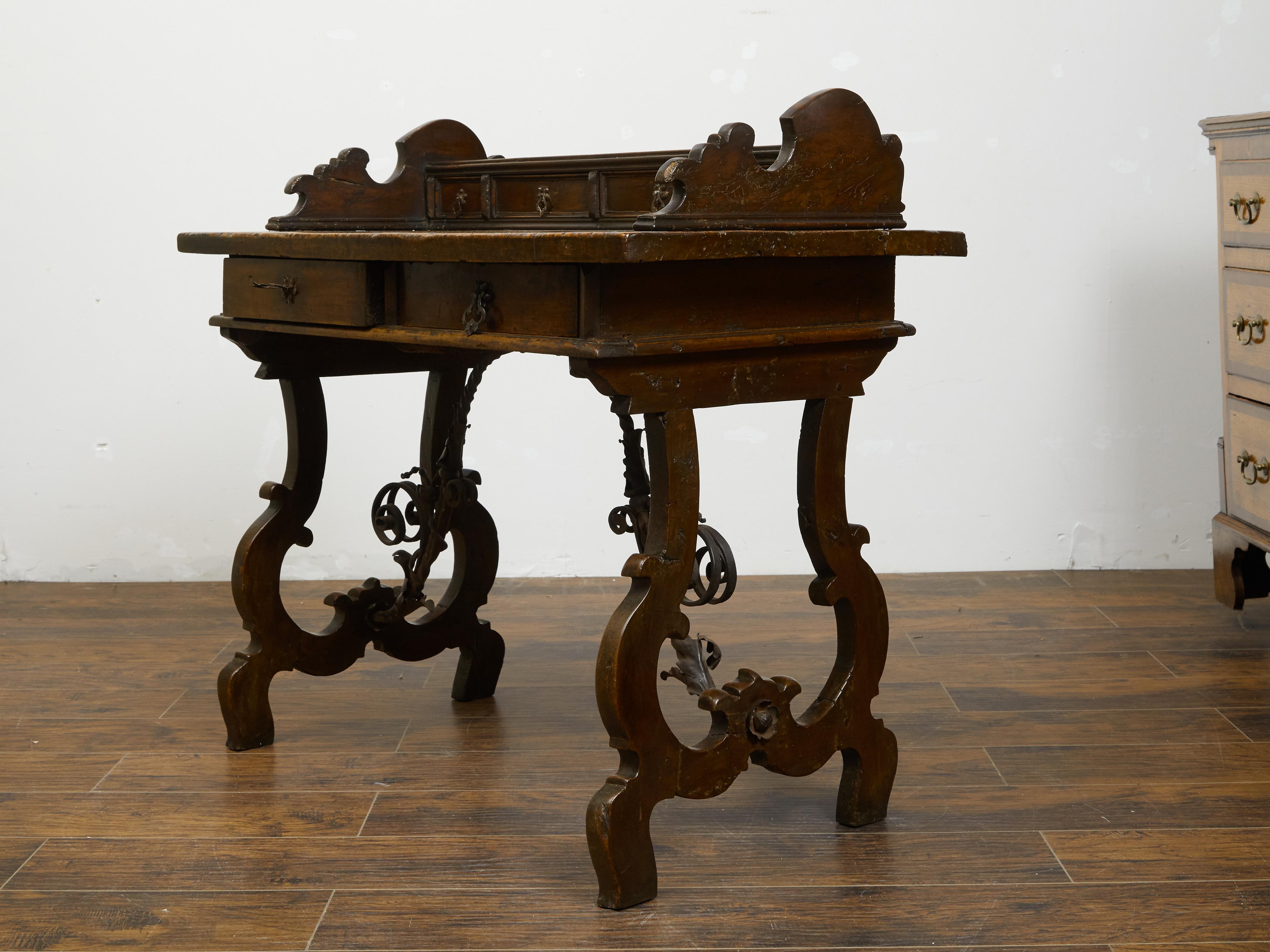 Italian 1800s Baroque Style Desk with Drawers, Lyre Base and Iron Stretcher For Sale 4