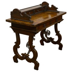 Antique Italian 1800s Baroque Style Desk with Drawers, Lyre Base and Iron Stretcher