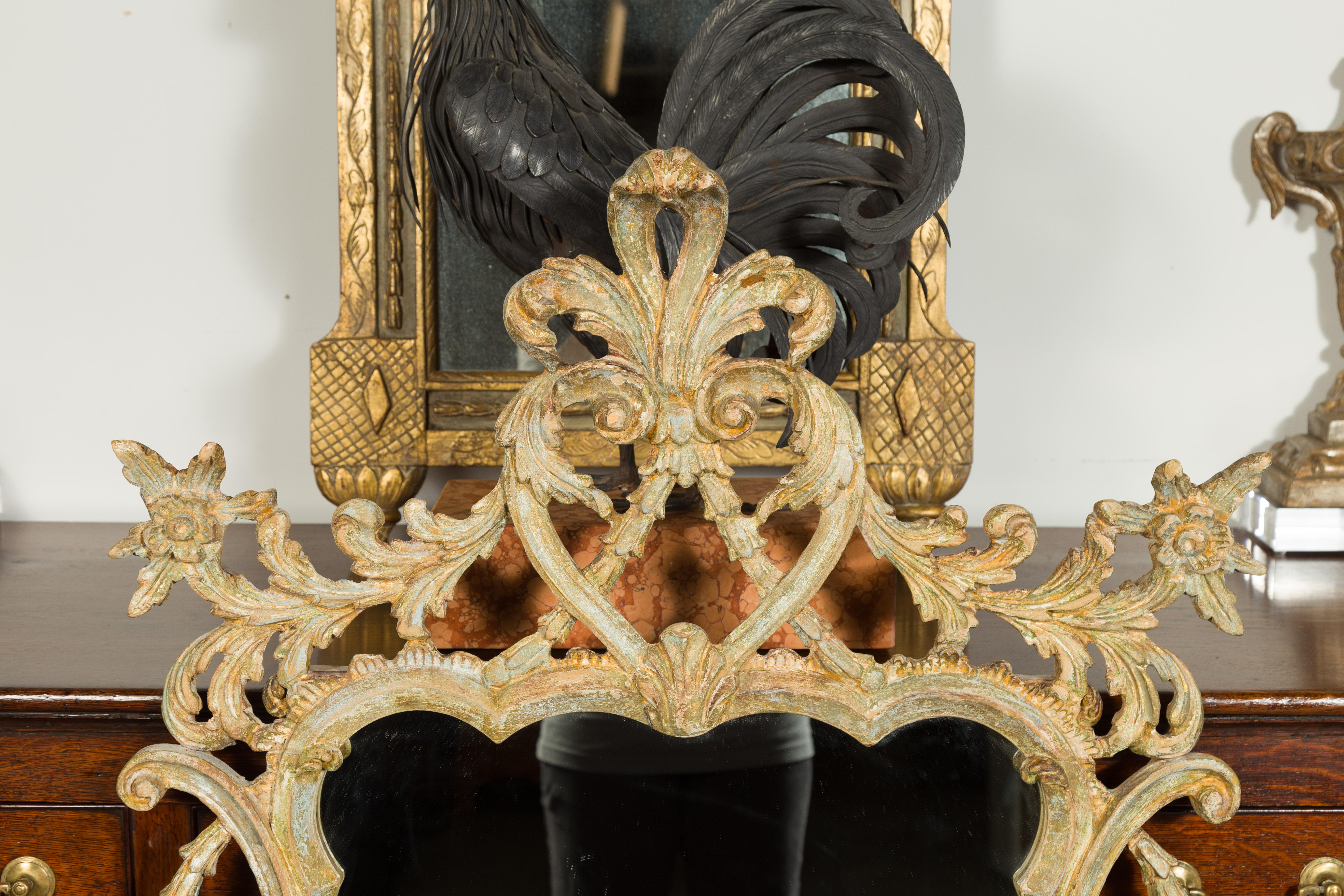 Italian 1800s Carved and Painted Crested Mirror with C-Scrolls and Foliage In Good Condition In Atlanta, GA