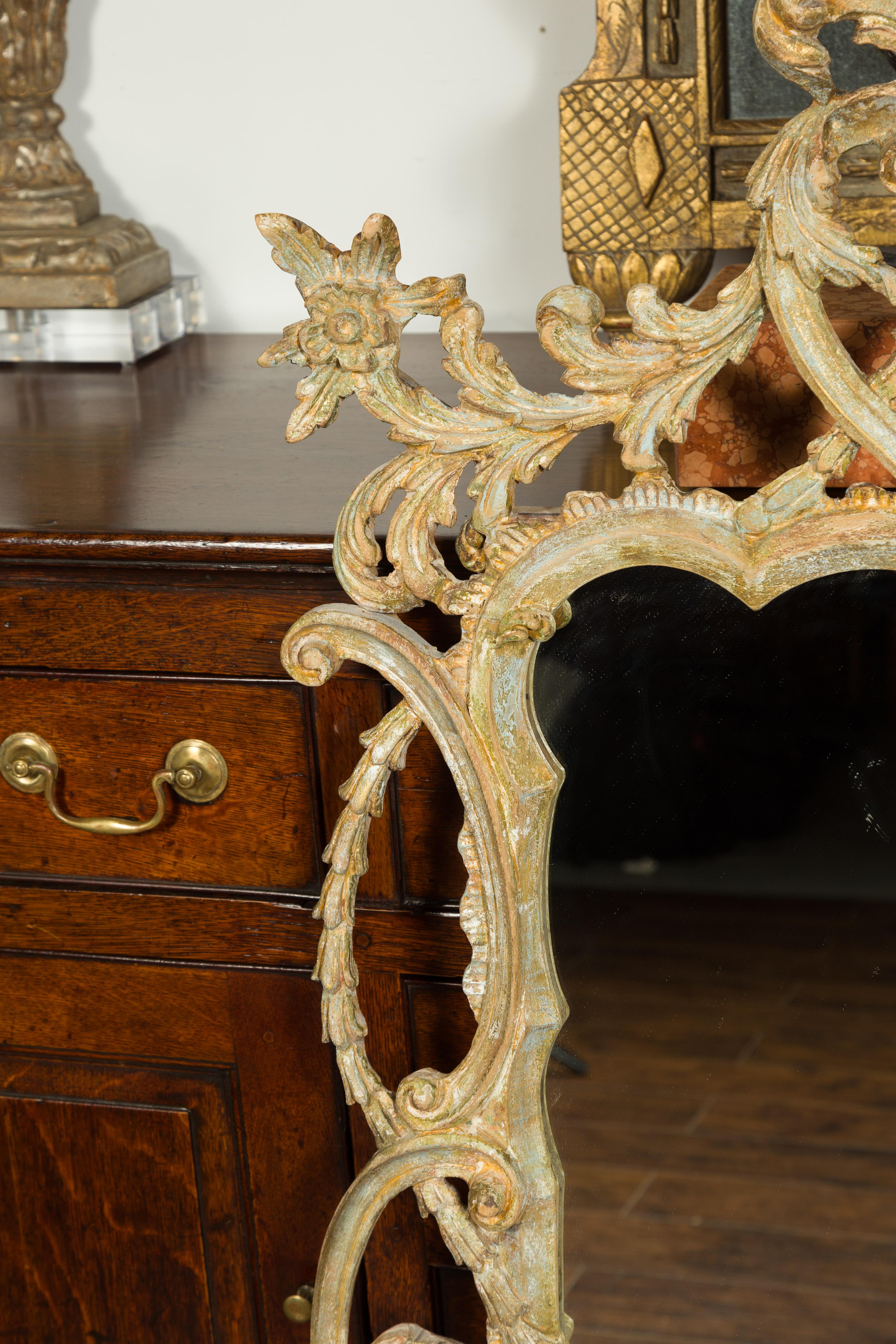 19th Century Italian 1800s Carved and Painted Crested Mirror with C-Scrolls and Foliage