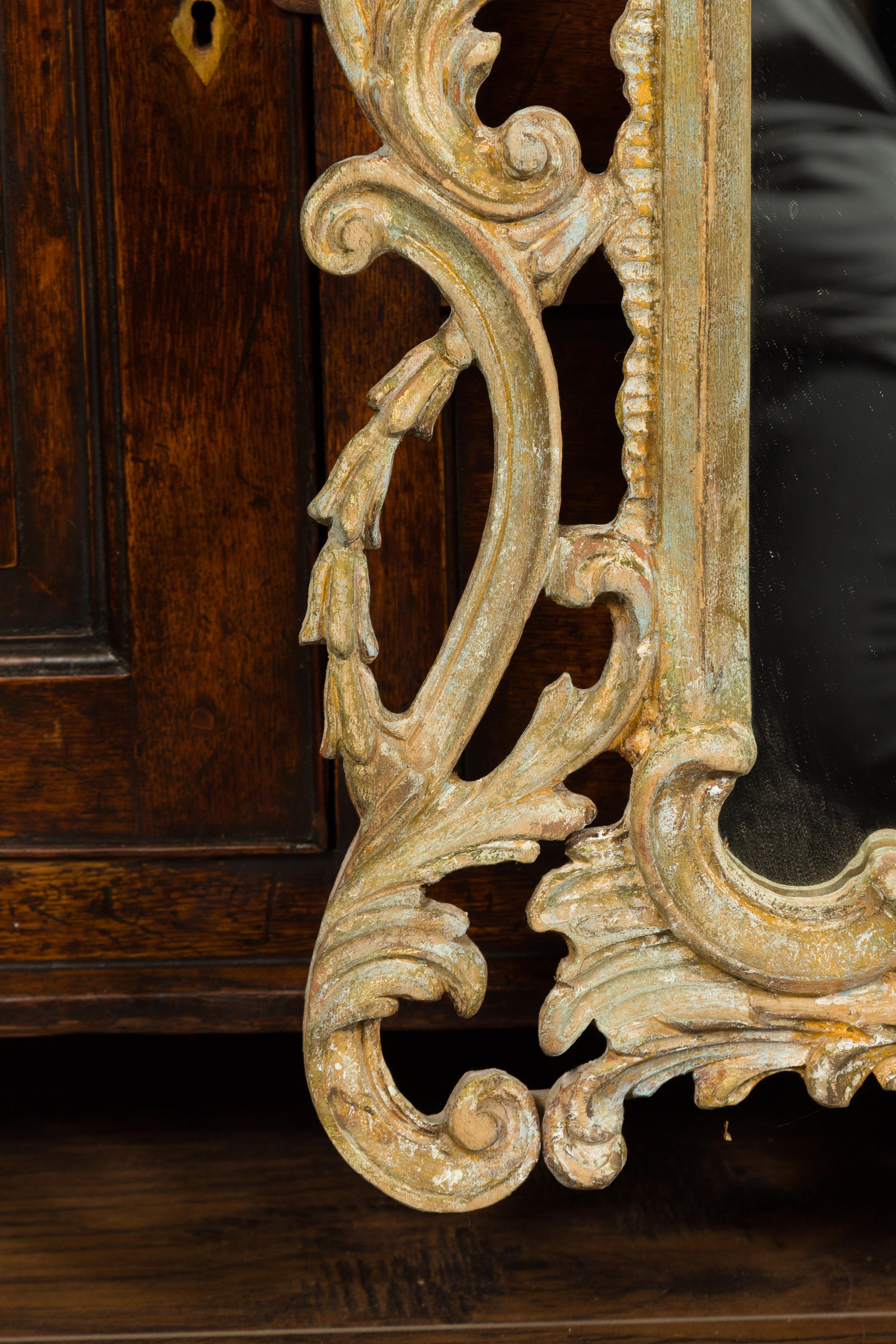 Italian 1800s Carved and Painted Crested Mirror with C-Scrolls and Foliage 3