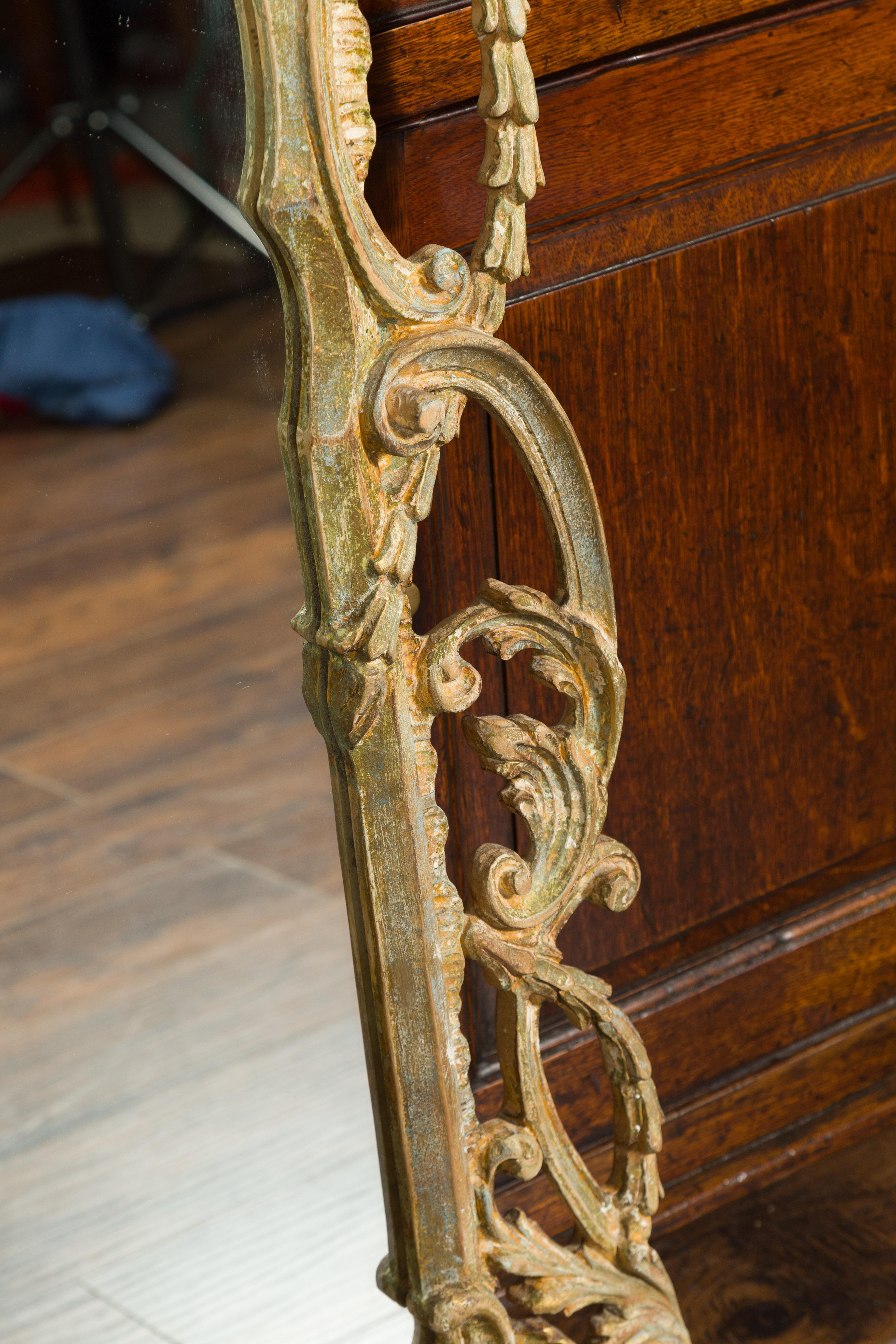Italian 1800s Carved and Painted Crested Mirror with C-Scrolls and Foliage 4