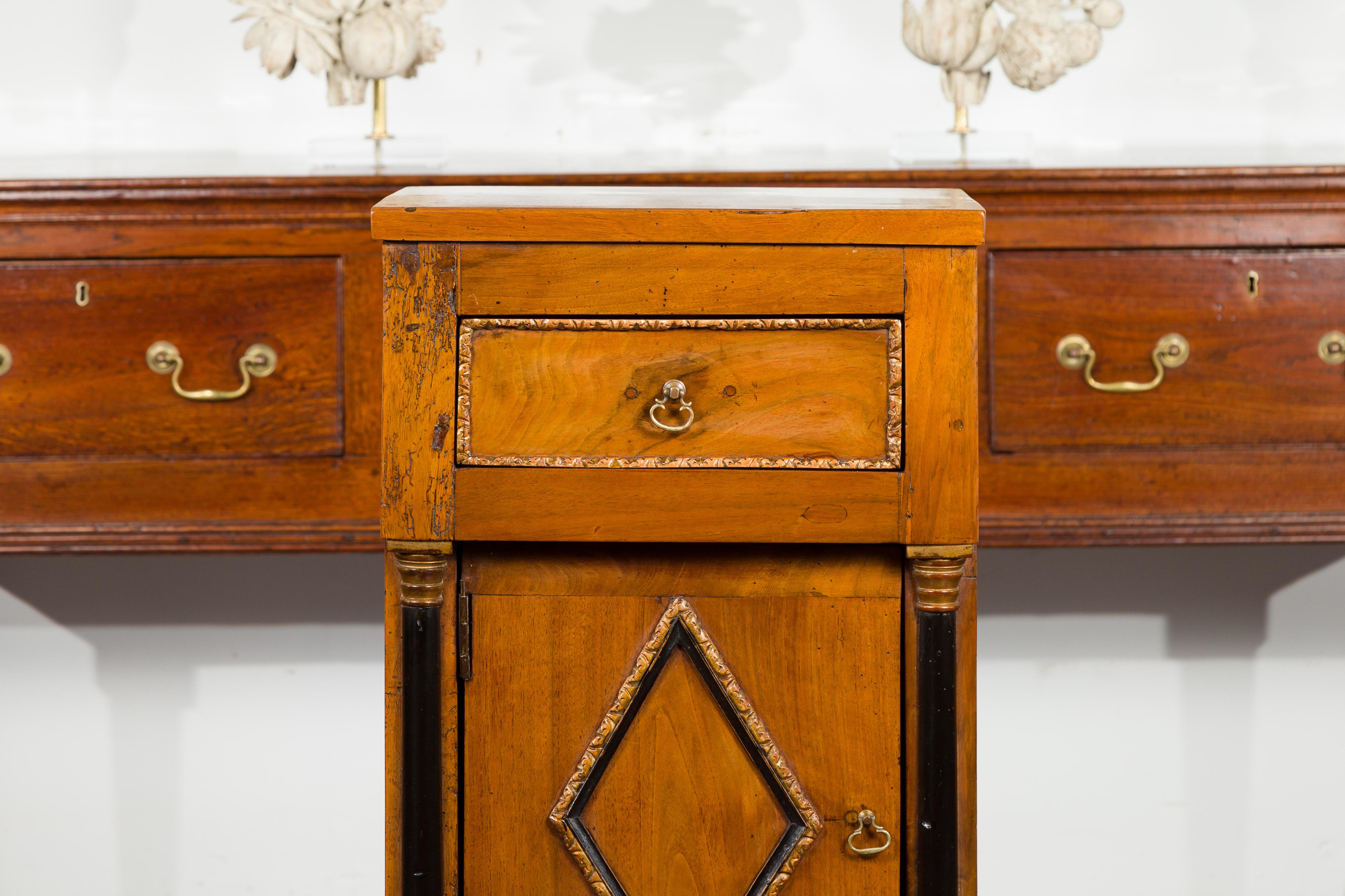 Gilt Italian 1800s Empire Walnut Cabinet with Ebonized Columns and Diamond Motif