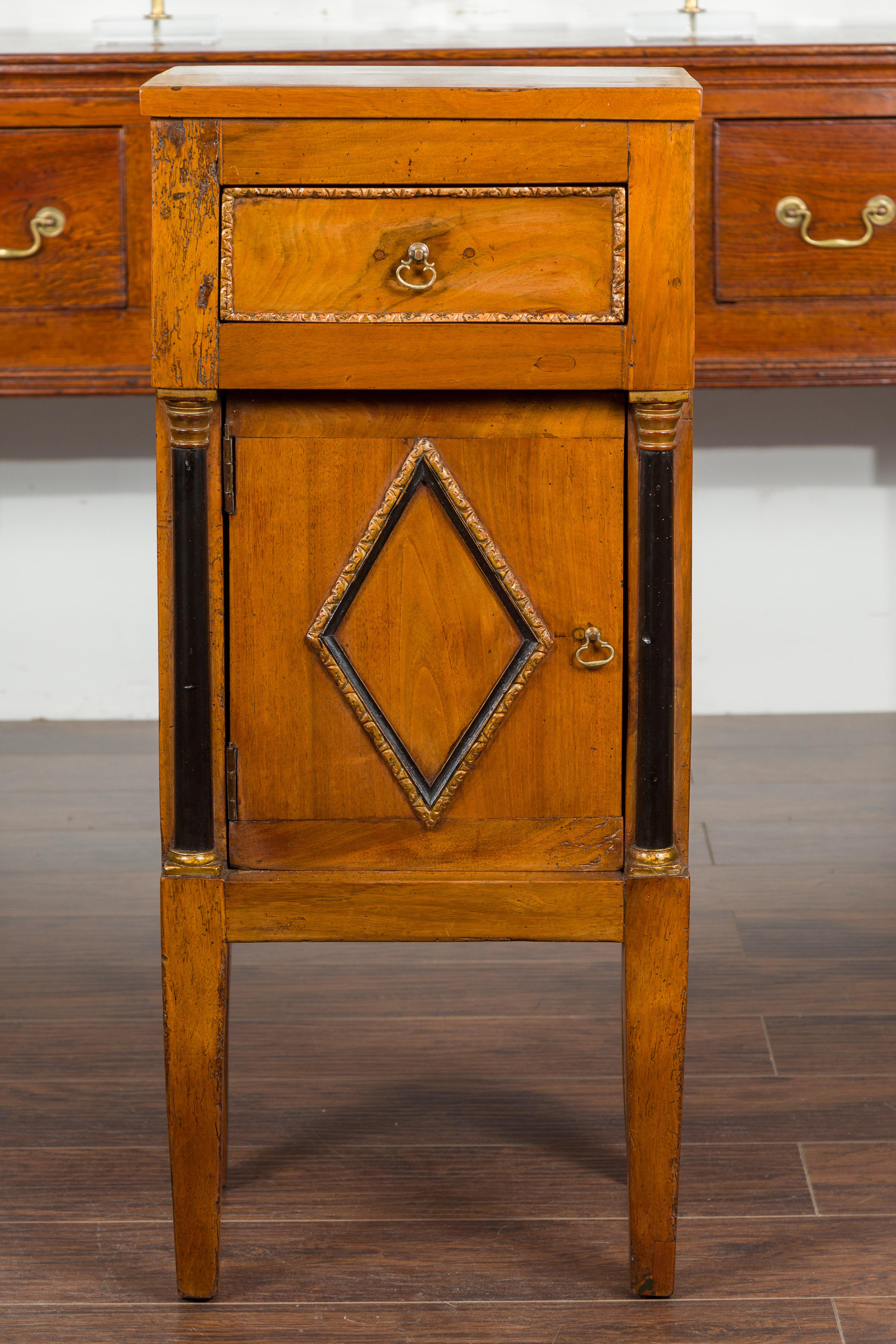 19th Century Italian 1800s Empire Walnut Cabinet with Ebonized Columns and Diamond Motif