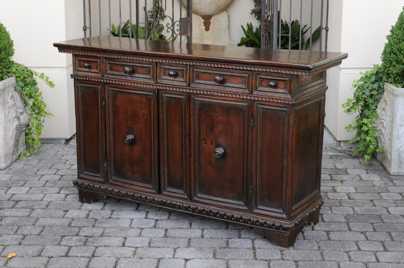 Italian 1800s Hand Carved Walnut Credenza with Five Drawers over Two Doors 5