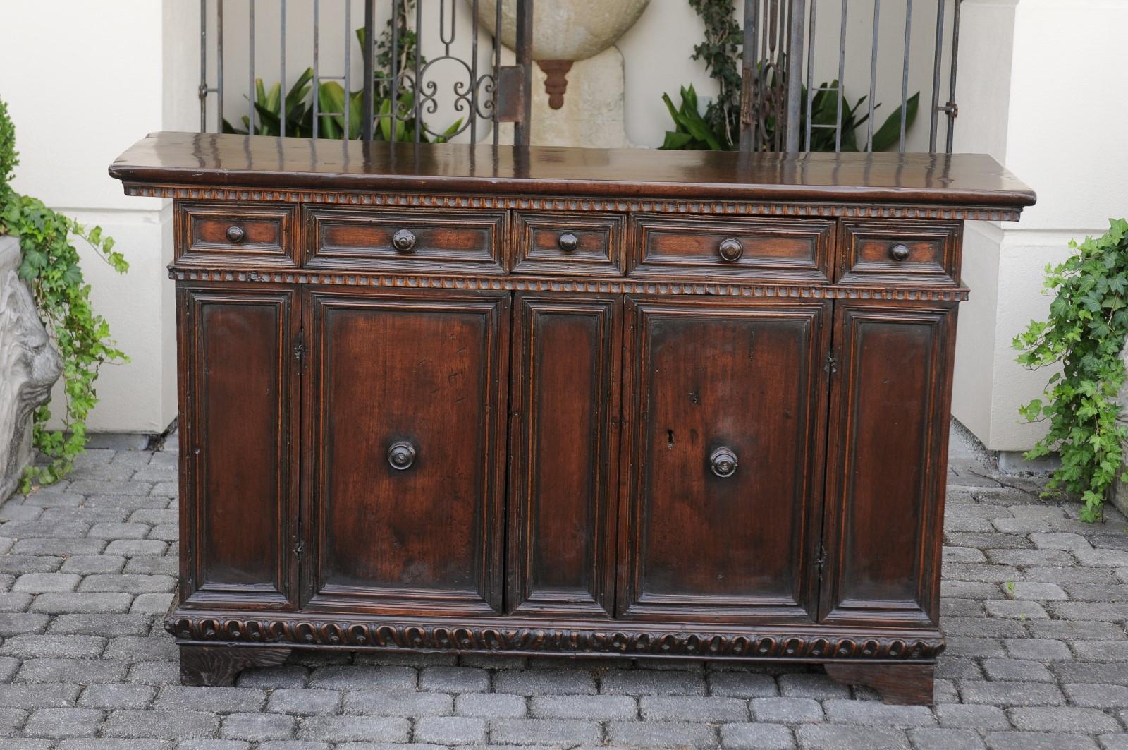 Italian 1800s Hand Carved Walnut Credenza with Five Drawers over Two Doors 6
