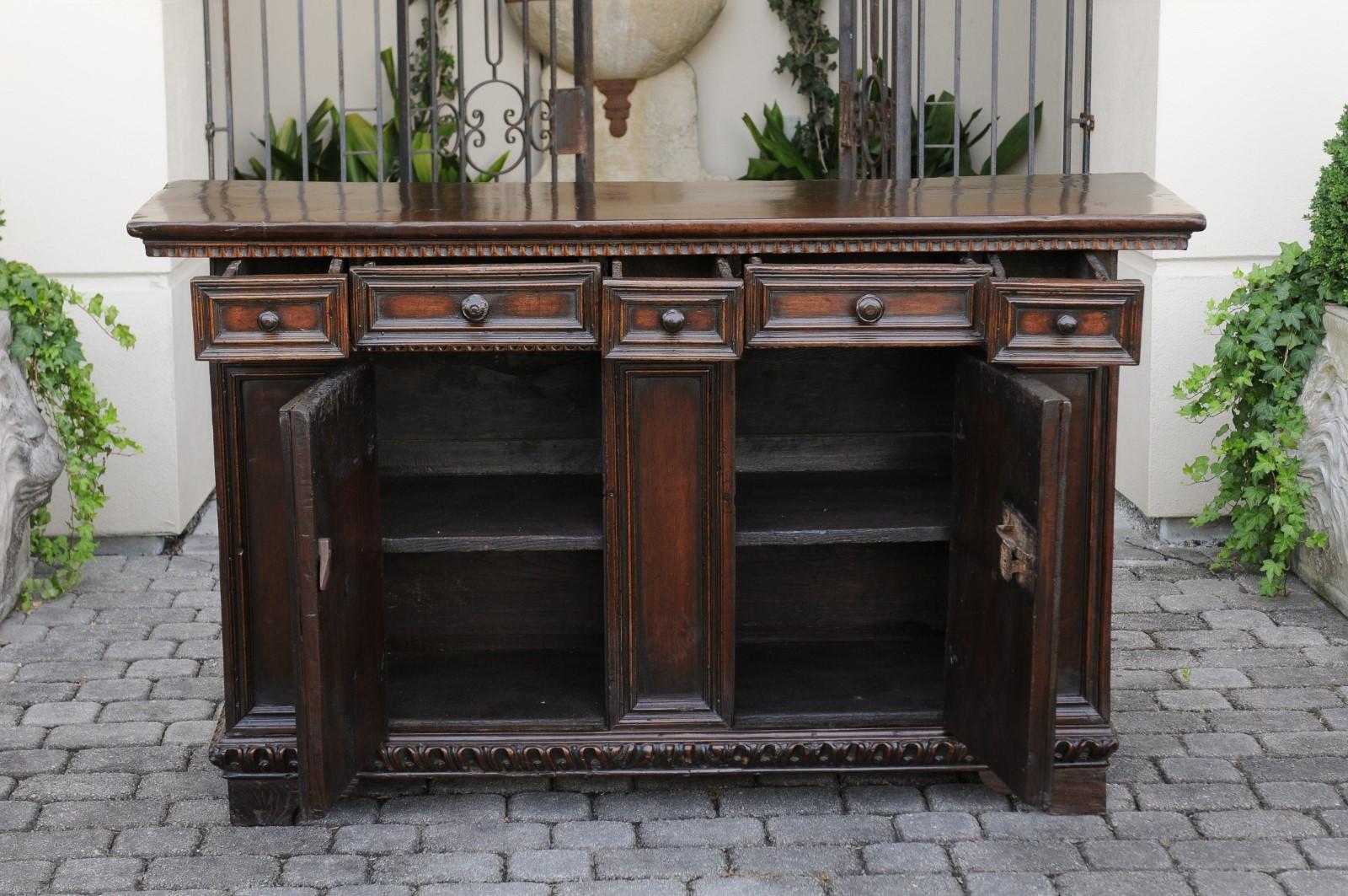 Italian 1800s Hand Carved Walnut Credenza with Five Drawers over Two Doors 7