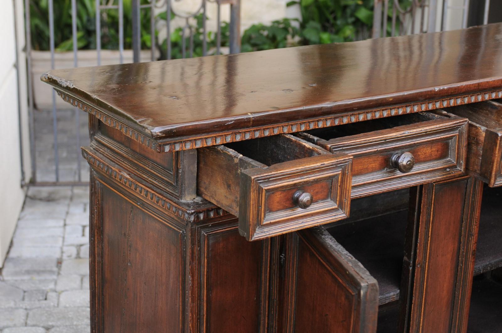 Italian 1800s Hand Carved Walnut Credenza with Five Drawers over Two Doors 8