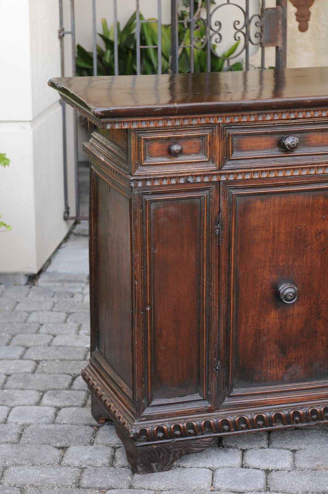 Hand-Carved Italian 1800s Hand Carved Walnut Credenza with Five Drawers over Two Doors
