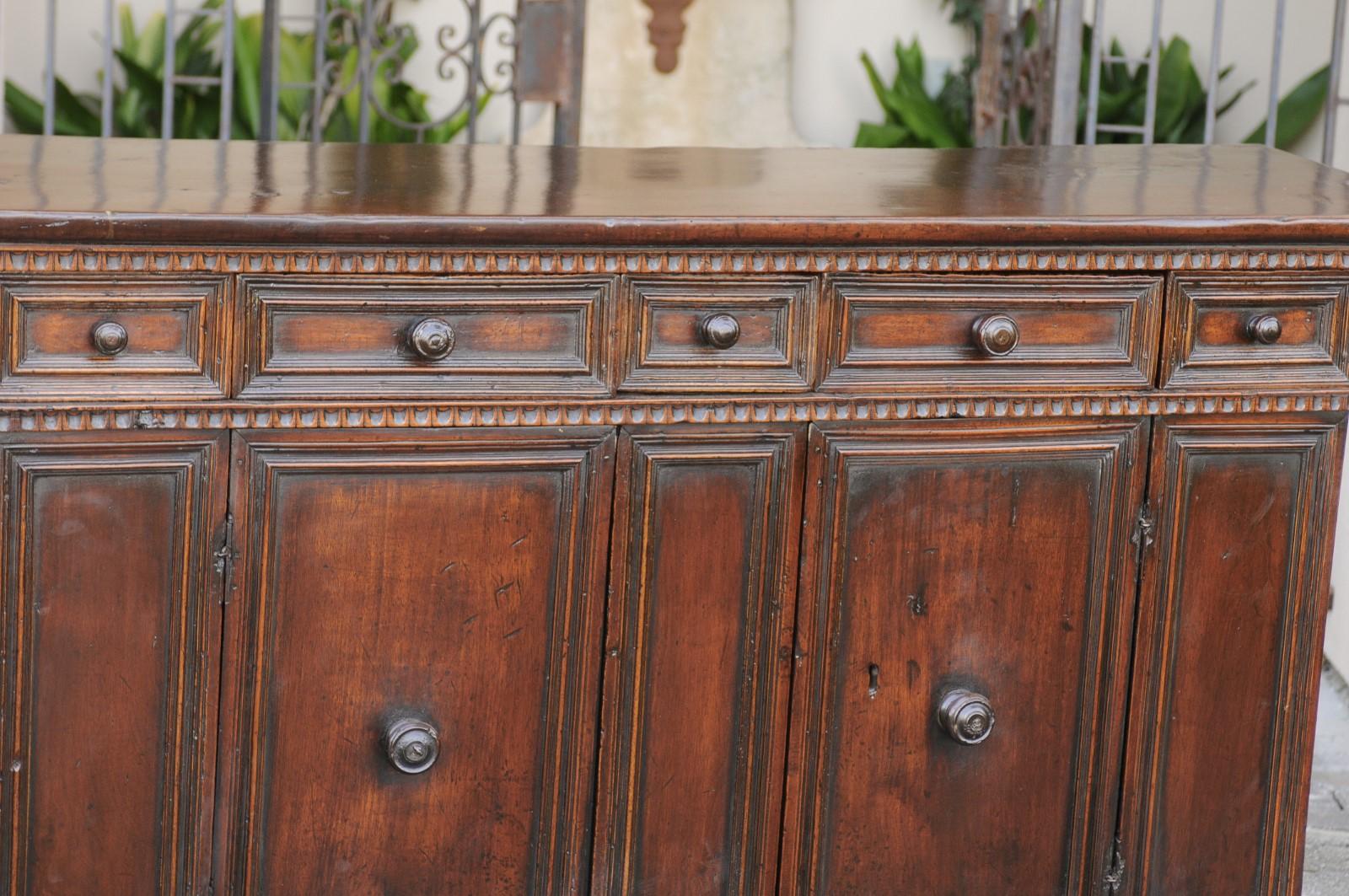 19th Century Italian 1800s Hand Carved Walnut Credenza with Five Drawers over Two Doors