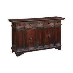 Italian 1800s Hand Carved Walnut Credenza with Five Drawers over Two Doors