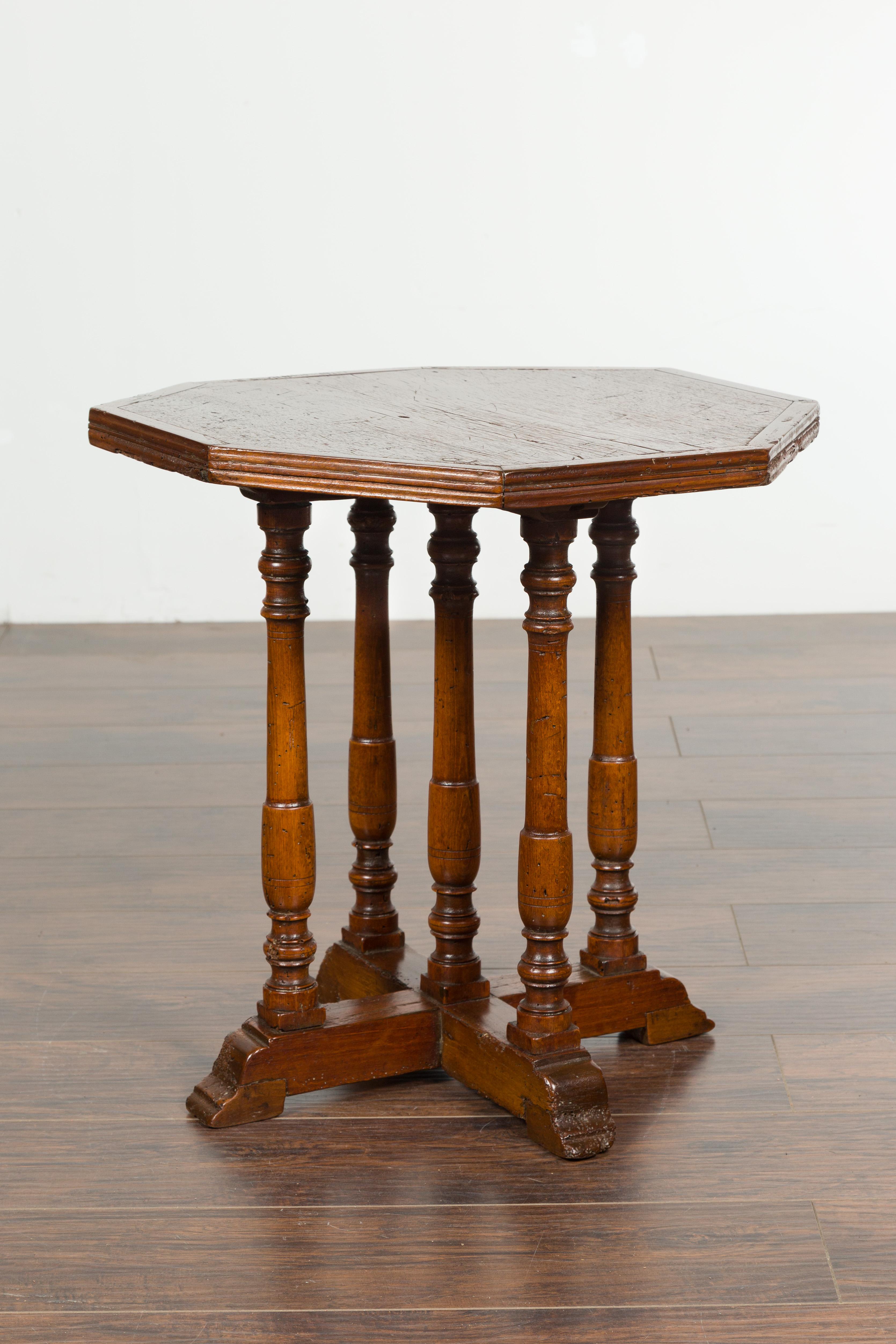 Italian 1800s Low Side table with Octagonal Top, Turned Legs and X-Form Plinth 6