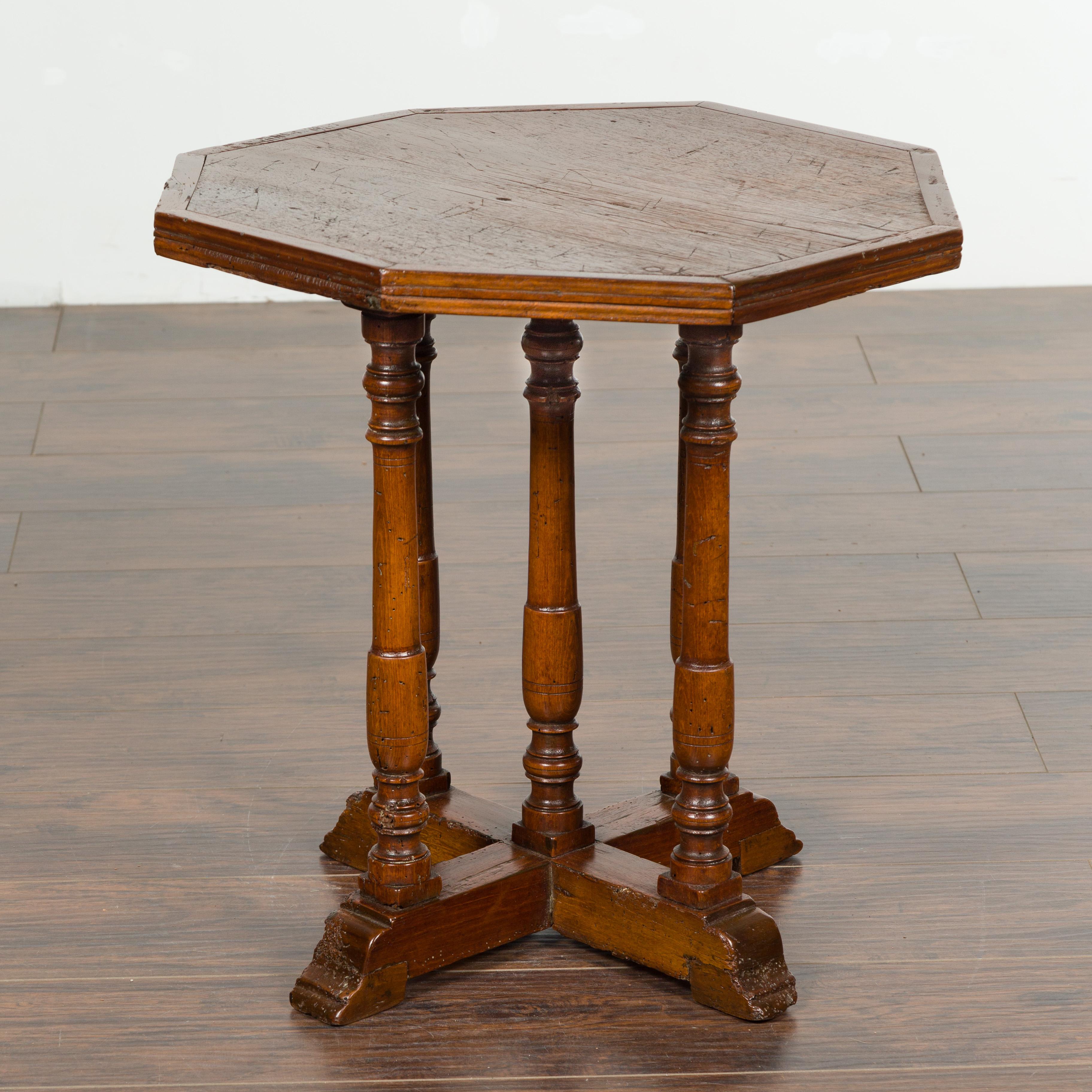Italian 1800s Low Side table with Octagonal Top, Turned Legs and X-Form Plinth 9