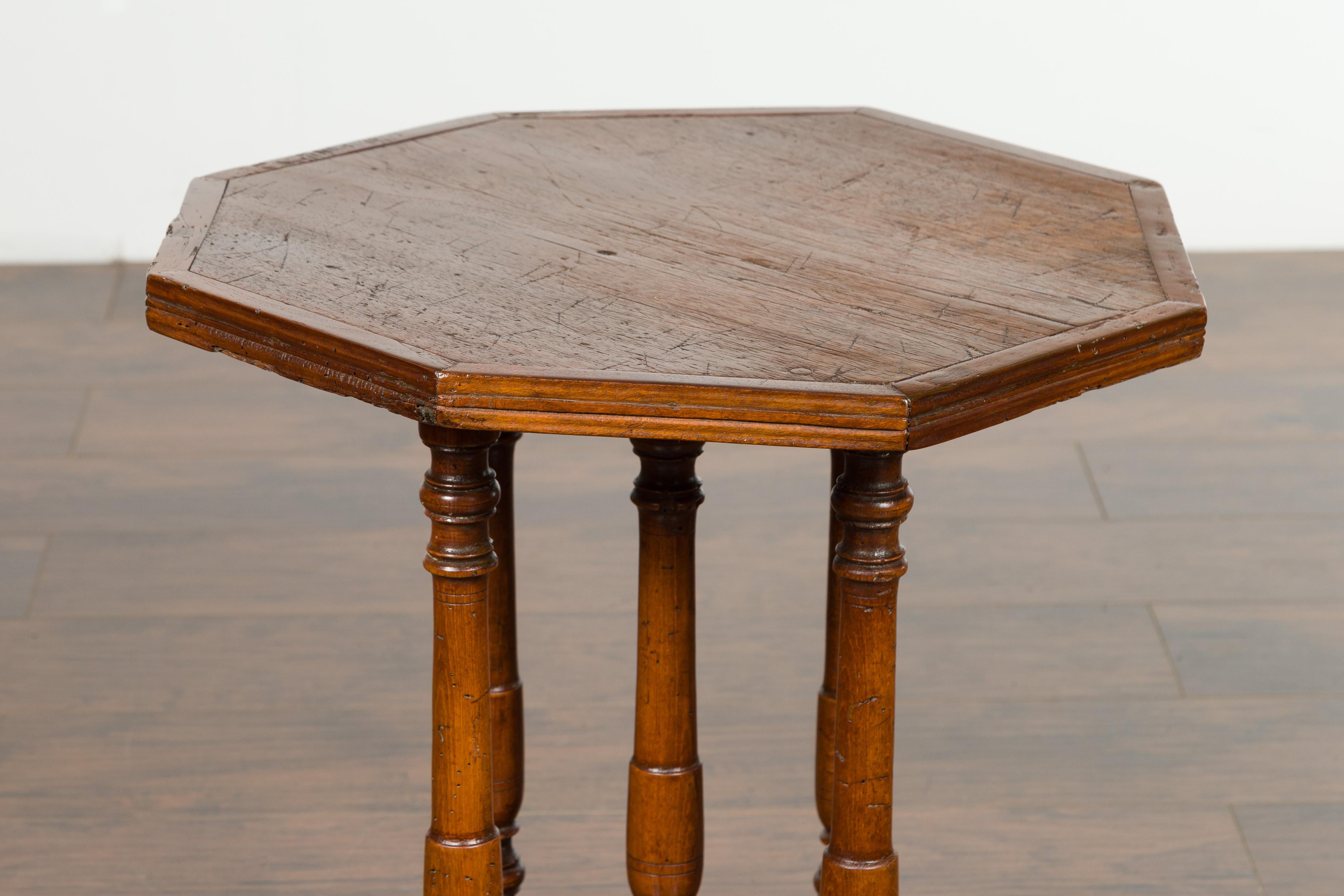 Italian 1800s Low Side table with Octagonal Top, Turned Legs and X-Form Plinth 10