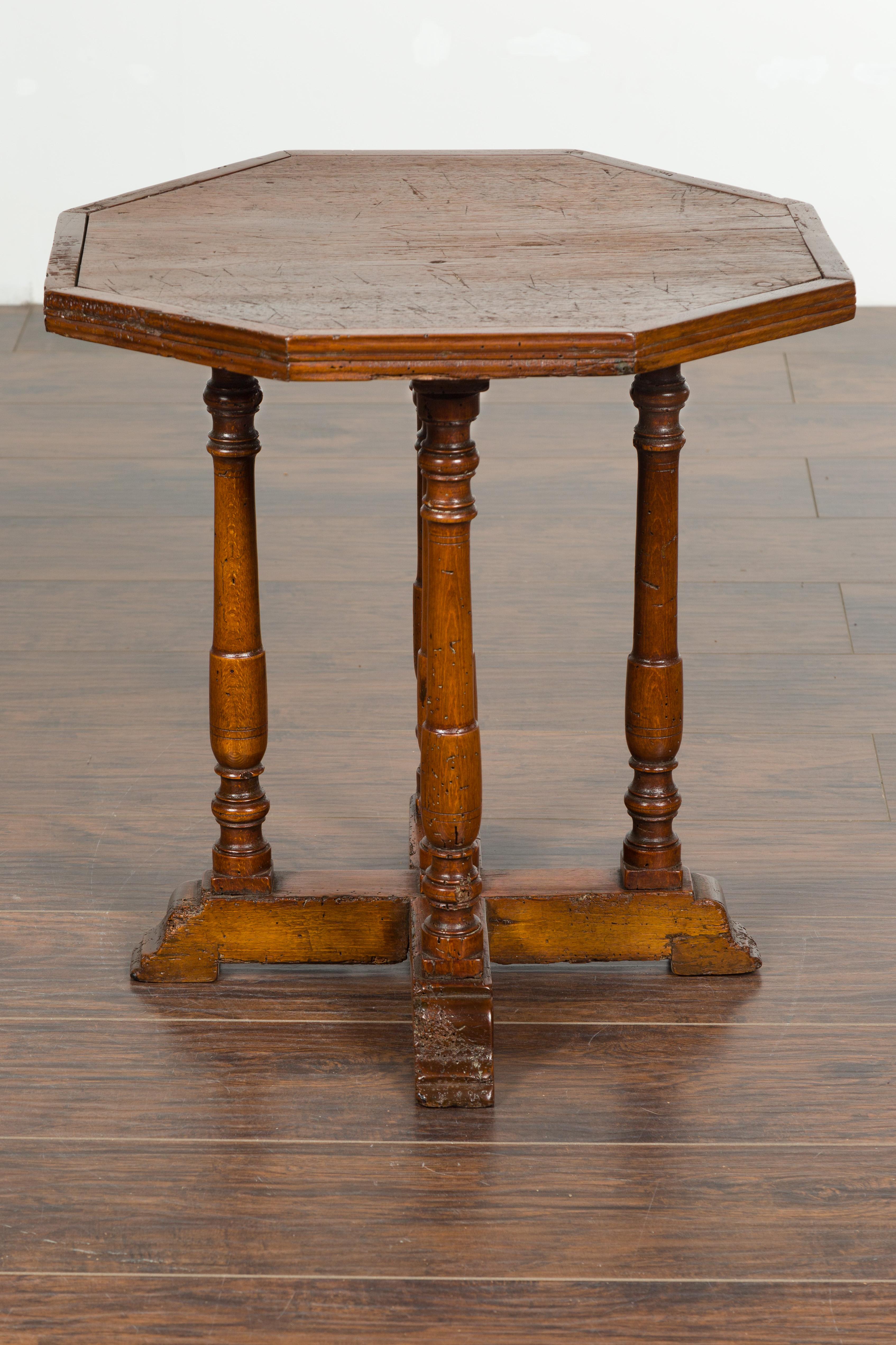 Italian 1800s Low Side table with Octagonal Top, Turned Legs and X-Form Plinth 12