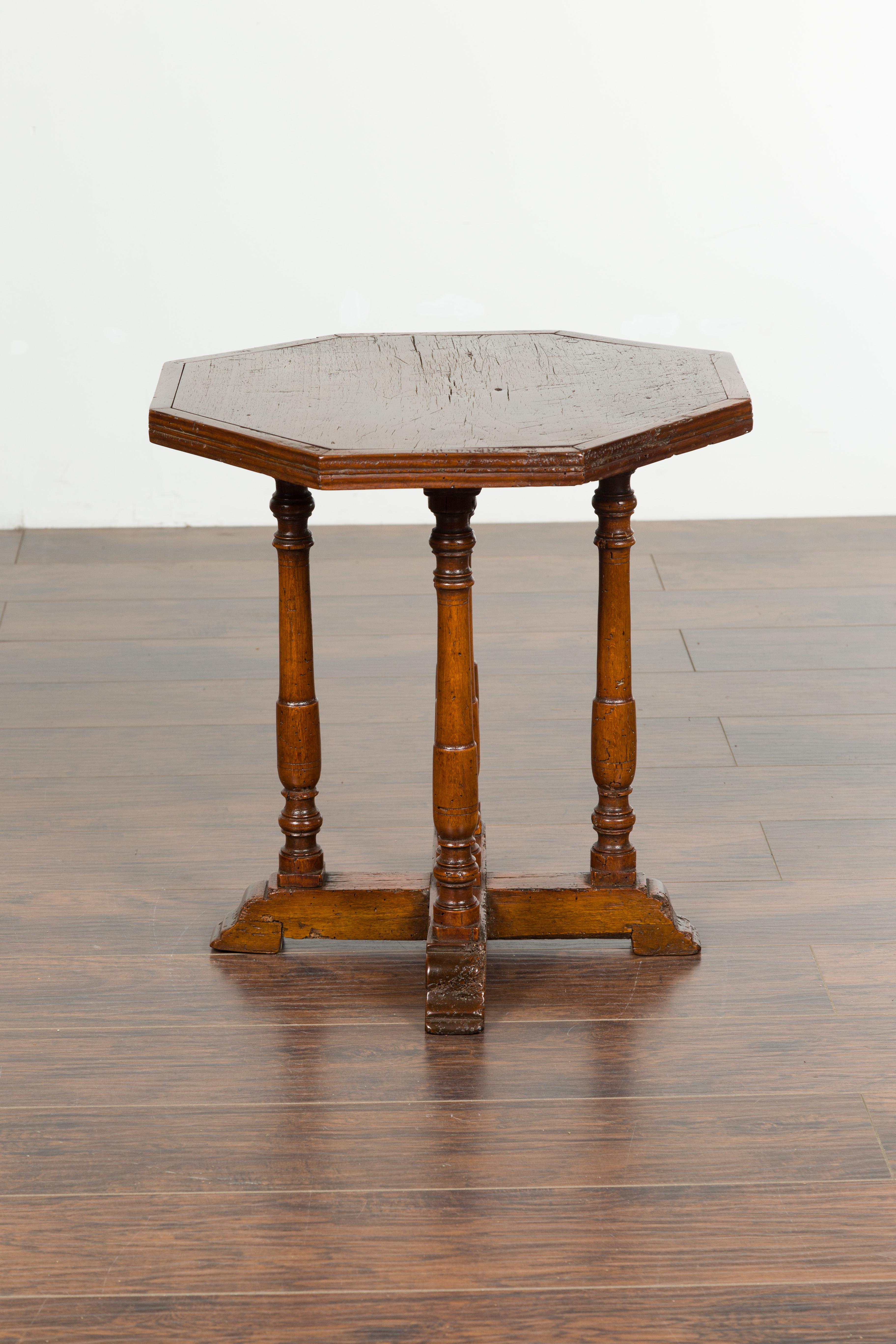 Italian 1800s Low Side table with Octagonal Top, Turned Legs and X-Form Plinth 13