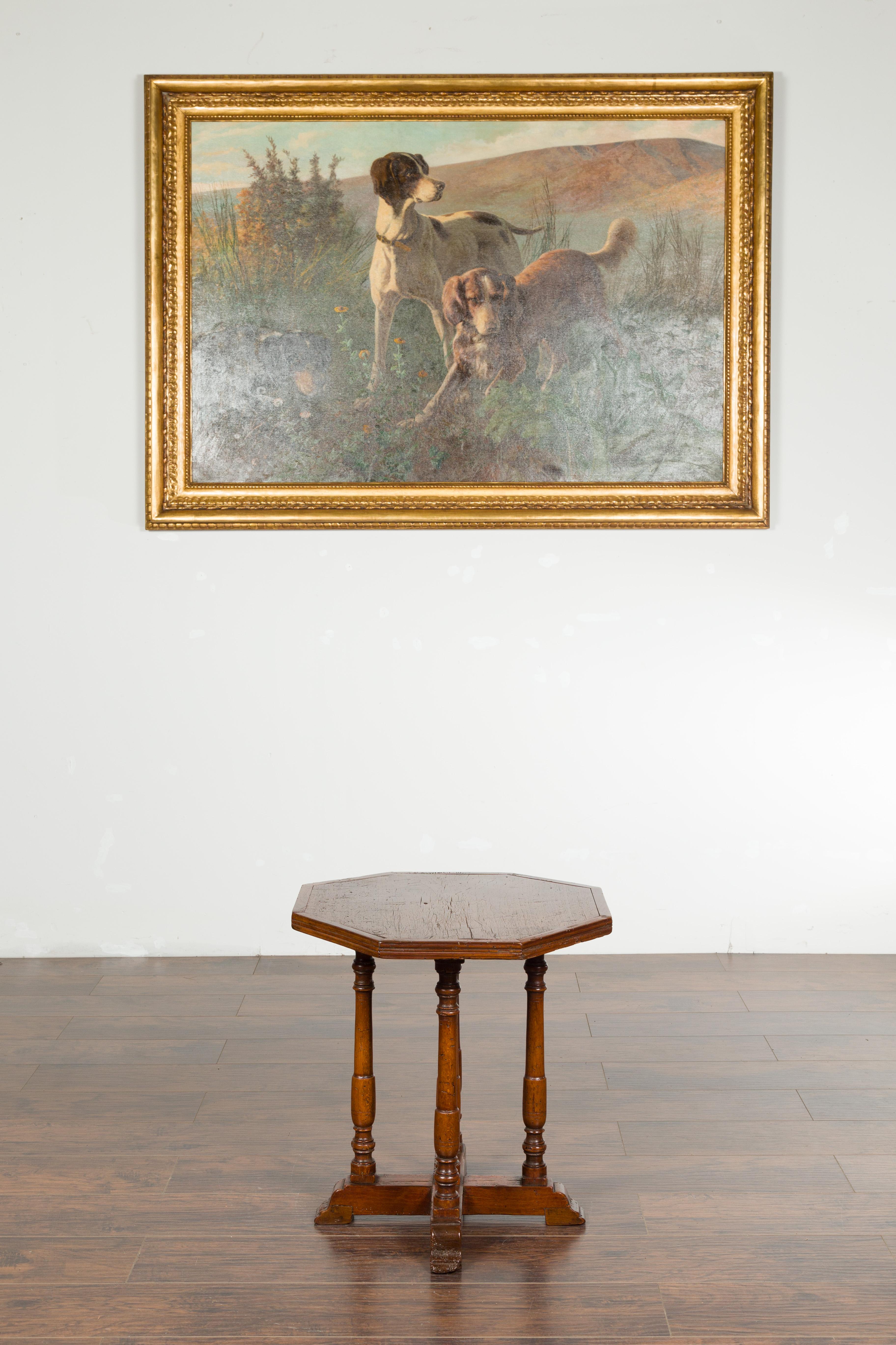 19th Century Italian 1800s Low Side table with Octagonal Top, Turned Legs and X-Form Plinth