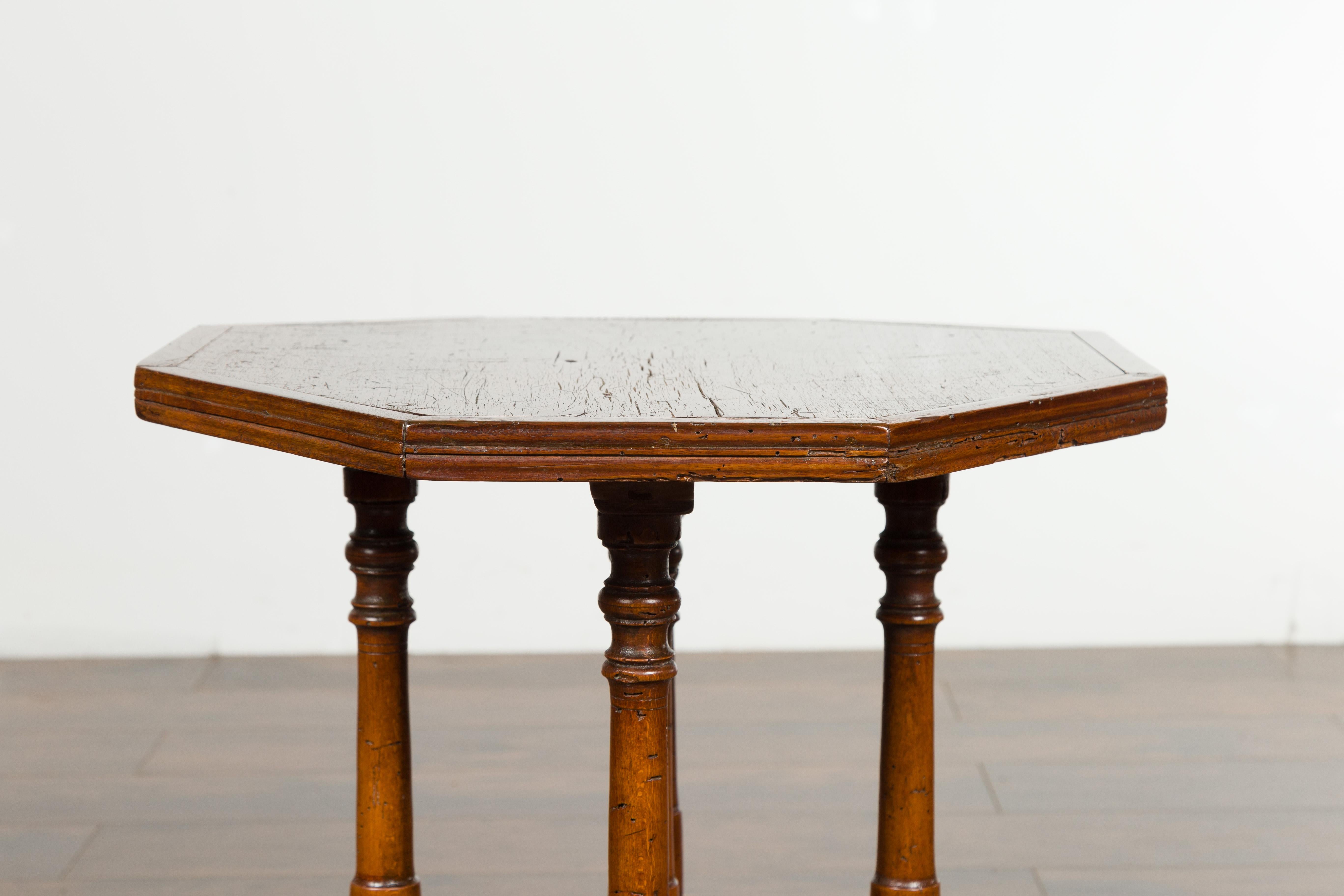 Italian 1800s Low Side table with Octagonal Top, Turned Legs and X-Form Plinth 2