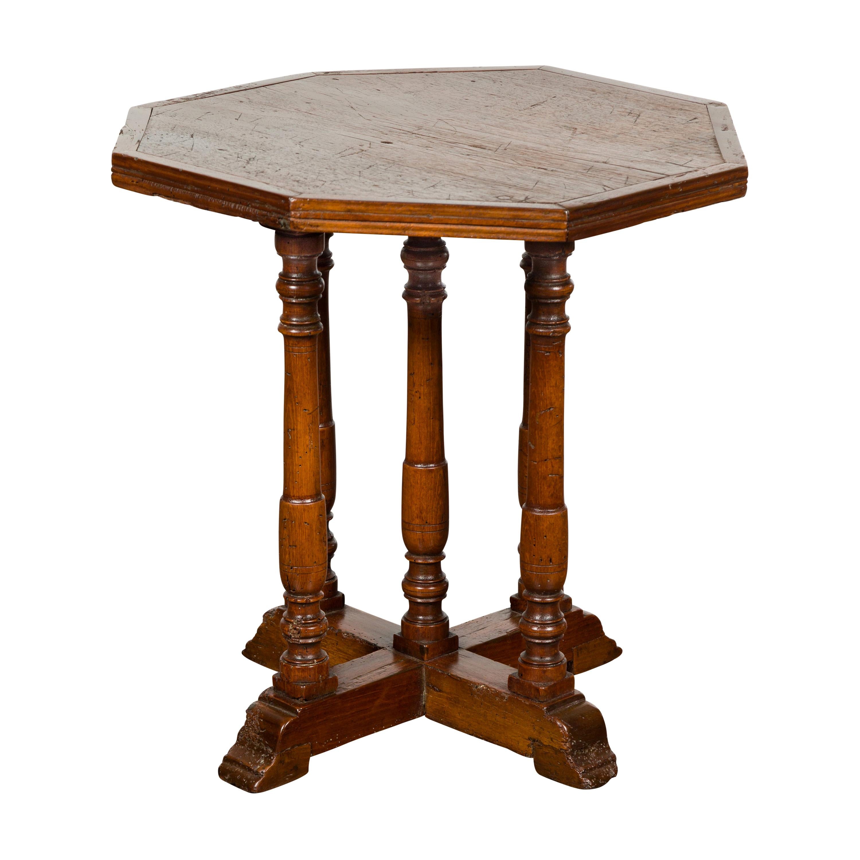 Italian 1800s Low Side table with Octagonal Top, Turned Legs and X-Form Plinth